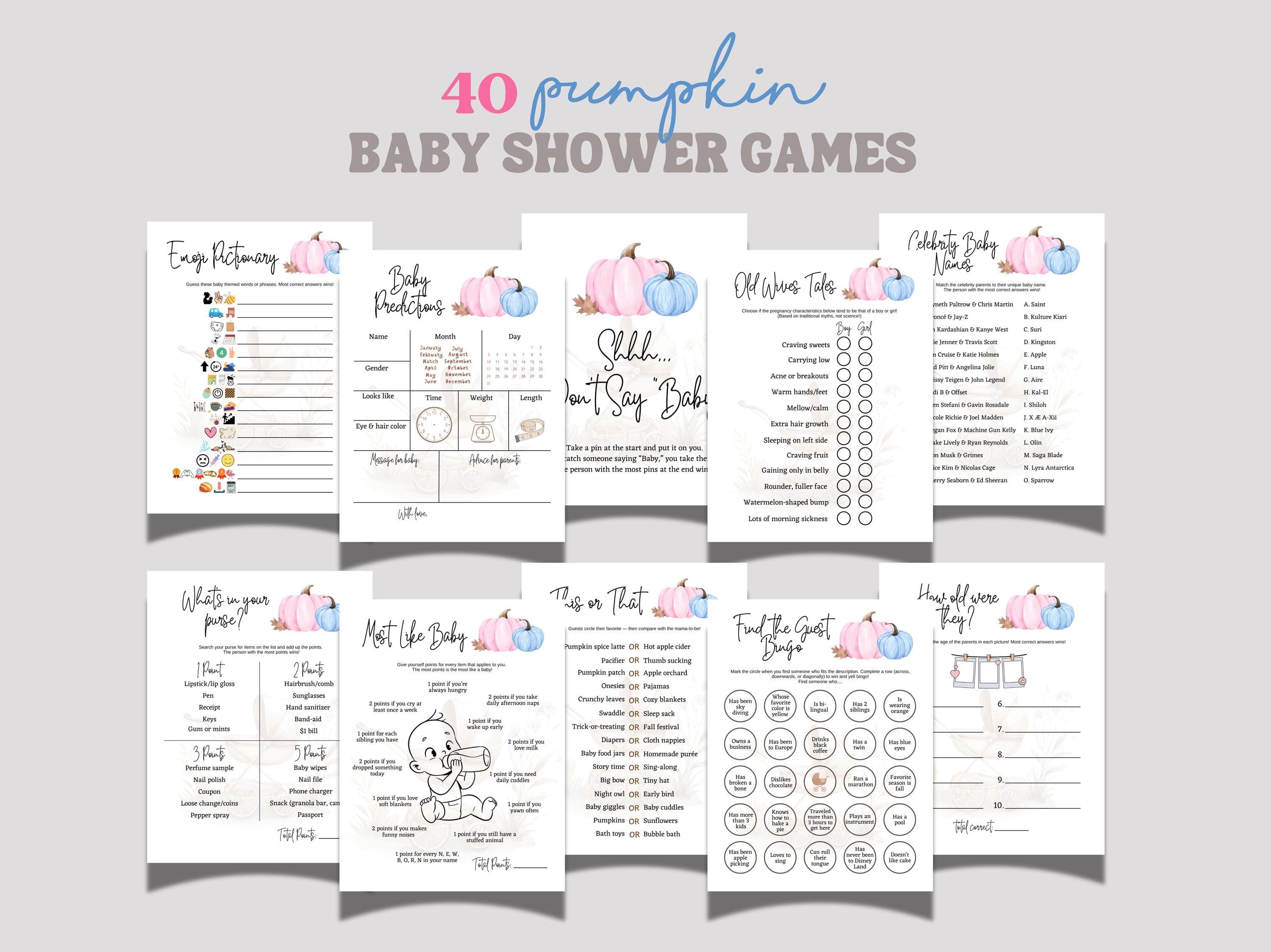Pumpkin Baby Shower Games Printable Bundle, Fall Autumn Themed Party Activity, Fun Decor Ideas Cute Activities for Adults Friends Family