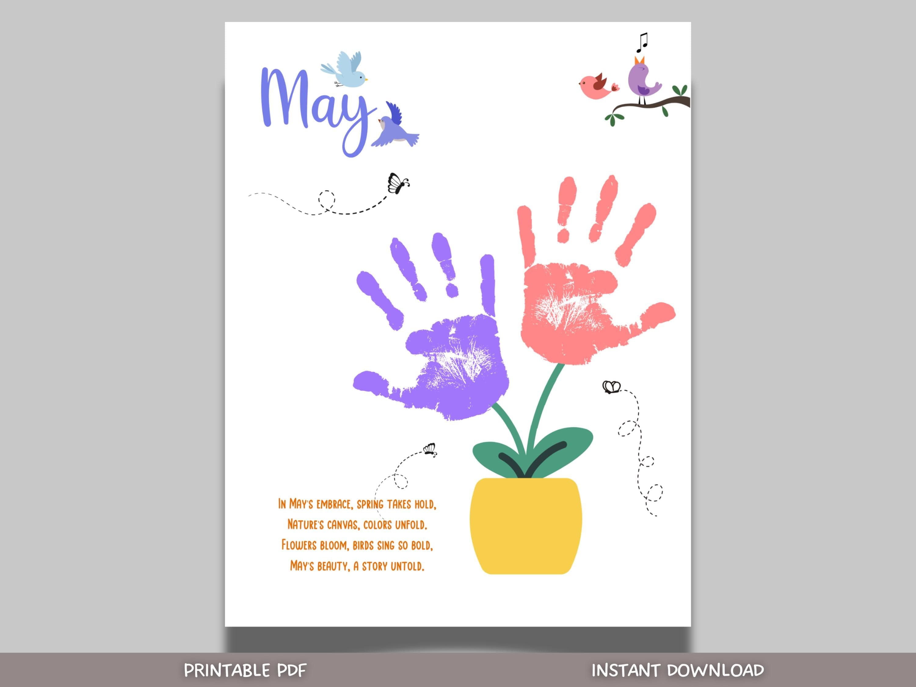May Handprint Footprint Crafts Printable, DIY Art Kids Preschool Activity, DIY Spring Monthly Keepsakes for Baby Toddler PreK Kindergarten