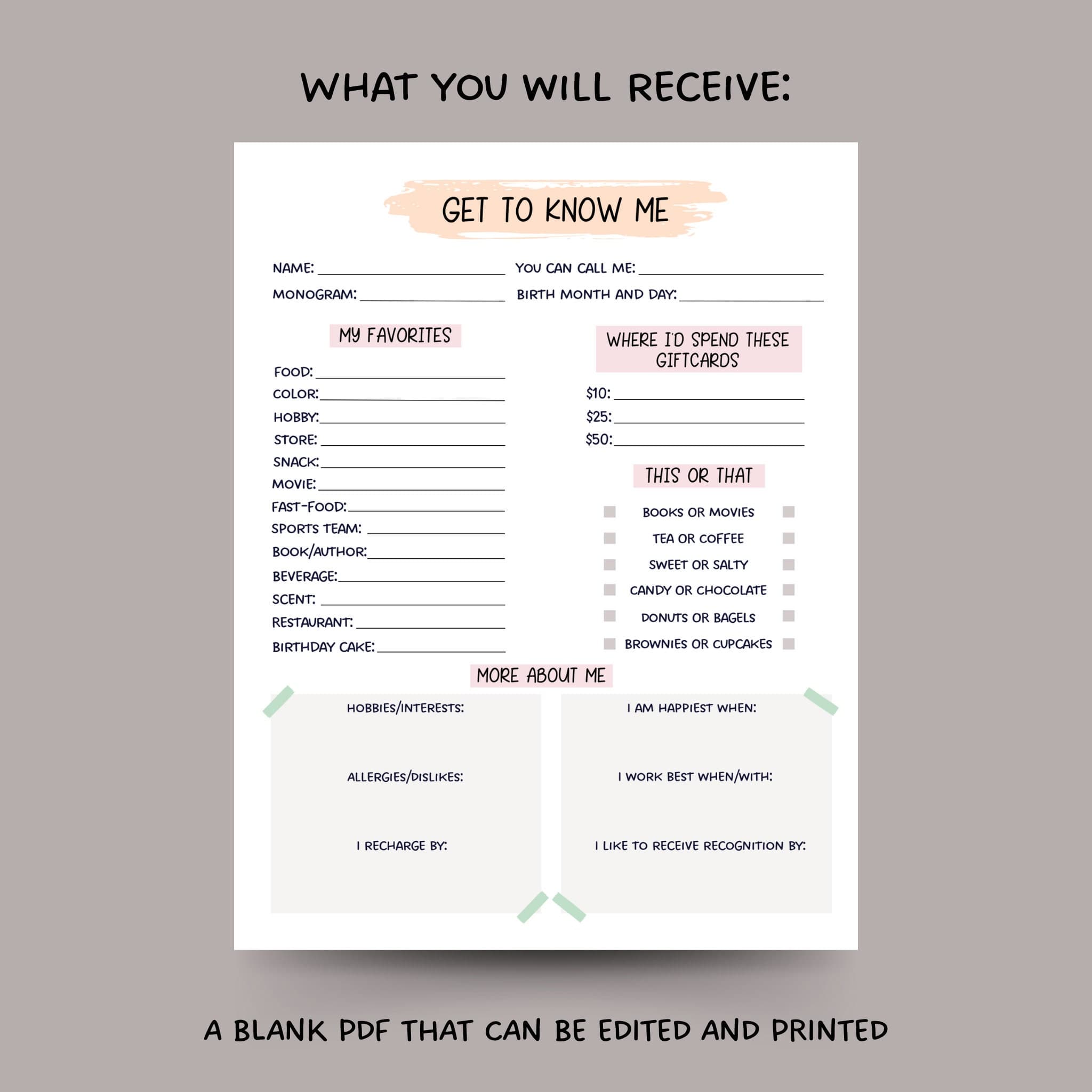 Editable Coworker Questions, Printable All About Me Employee Questionnaire, Employee Appreciation, Gift Exchange Team Survey Favorites List - image 3