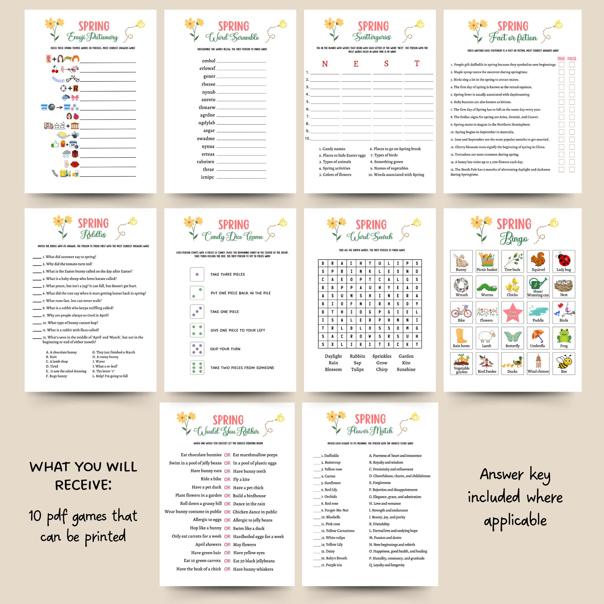 Spring Games Bundle Printable, Spring Party Games, Spring Activities Adults & Kids, Springtime Trivia, Fun Family Group Game, Classroom Game - image 3