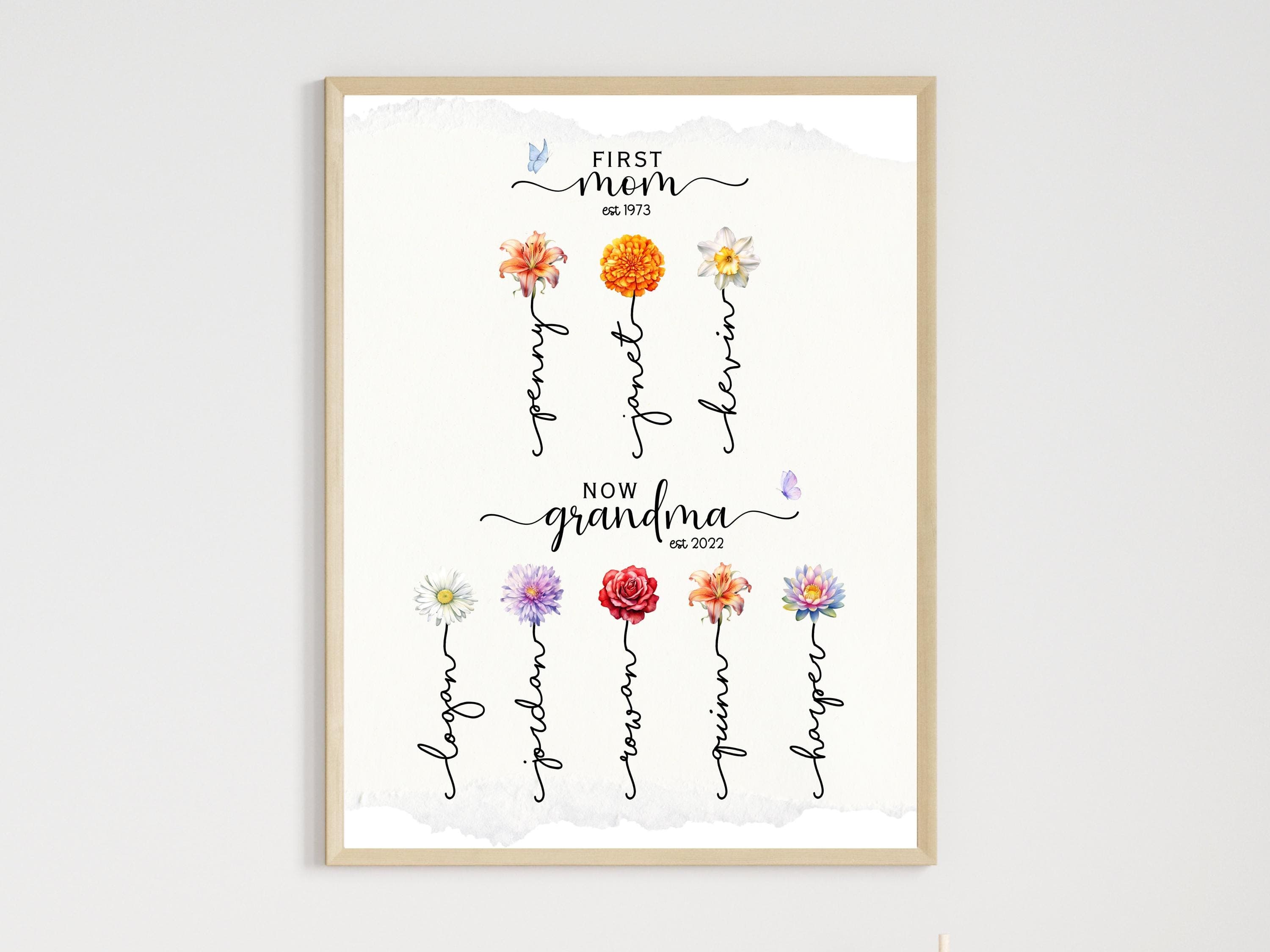 Custom First Mom Now Grandma Gift Printable Personalized Grandmas Garden Wall Art Sign Family Birth Flower Poster Mothers Day Gigi Birthday