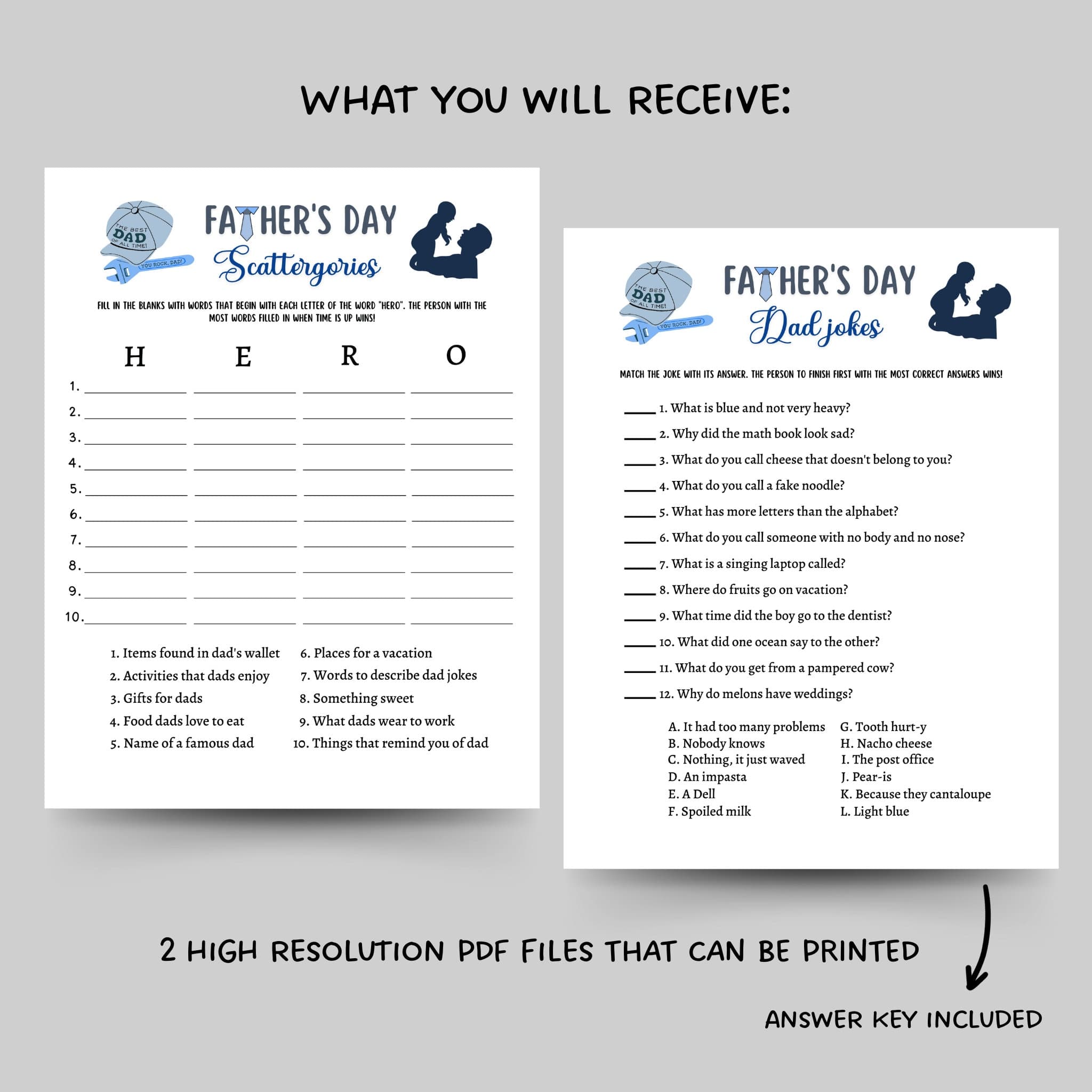 This Fathers Day Dad jokes & scattergories game is printable & an instant digital download! It is perfect for your party or event and great to play with your friends and family! It is sure to impress your guests and works great for adults and kids!