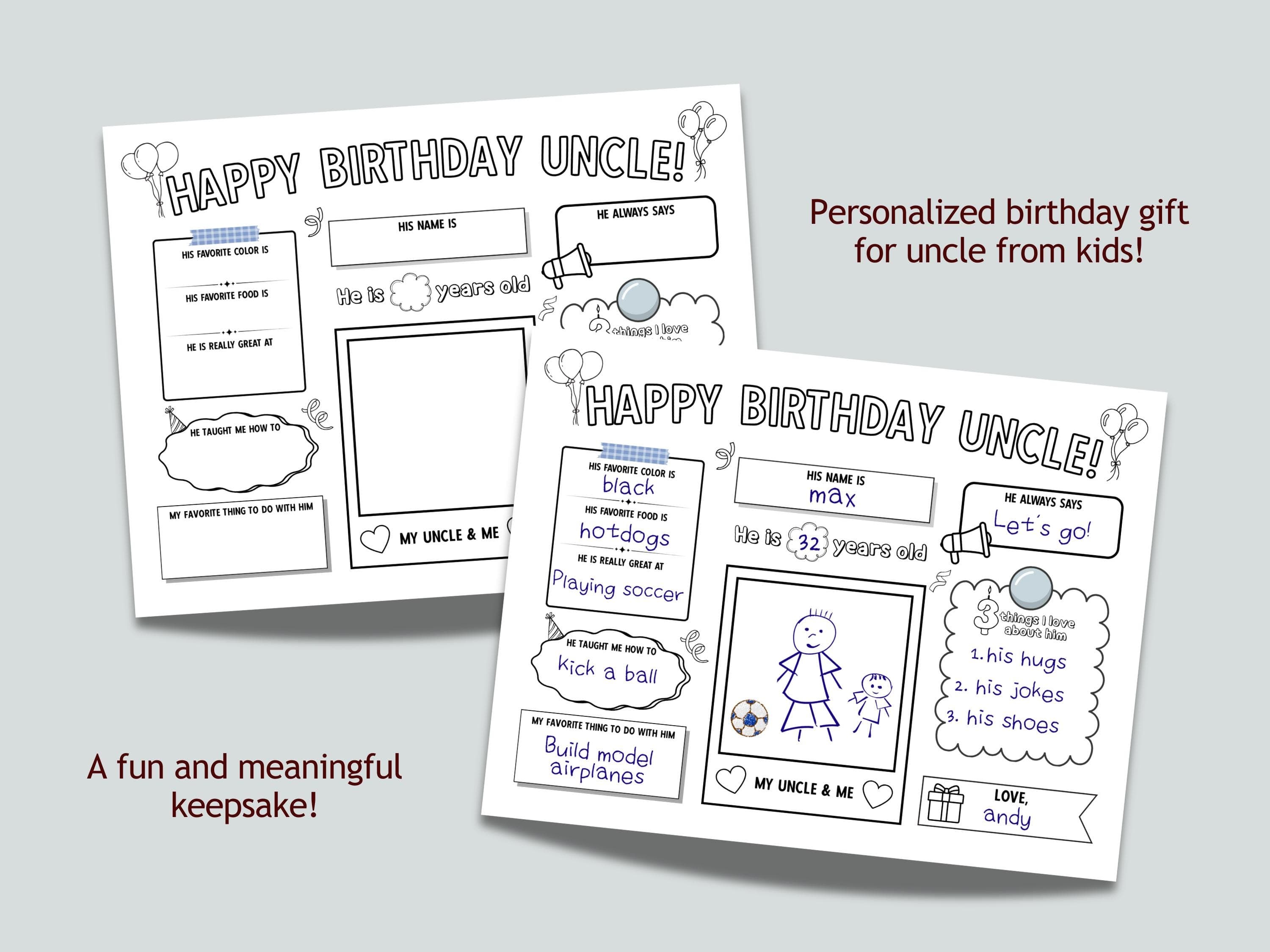 Happy Birthday Uncle Coloring Page Printable, DIY Personalized Gift from Kids Appreciation Card Activity Questionnaire Keepsake Cute Present - image 3
