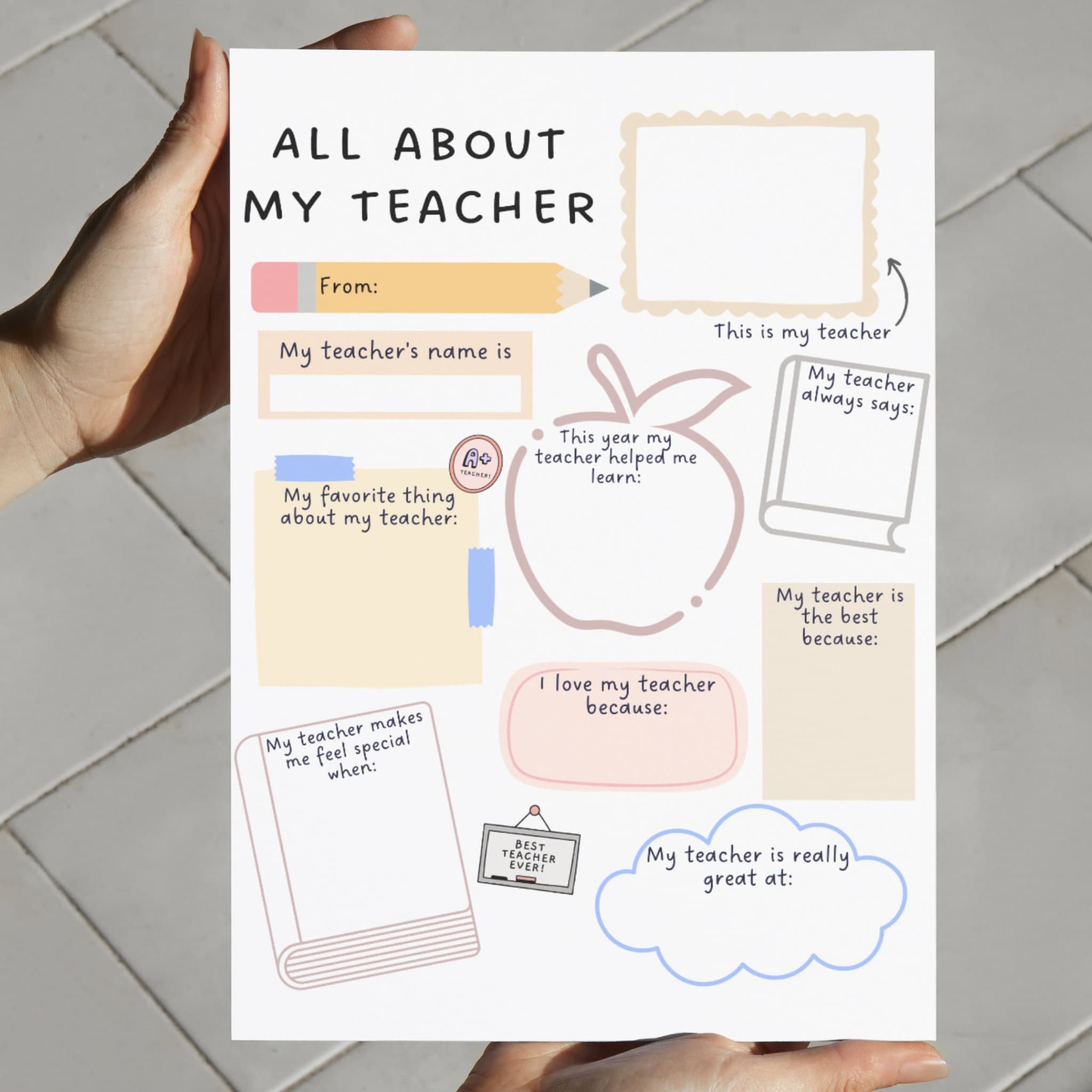 All About My Teacher Printable, Teacher Appreciation Week, Thank You Teacher Gift, End of School Teacher Gift, Teacher Questionnaire Survey - image 5