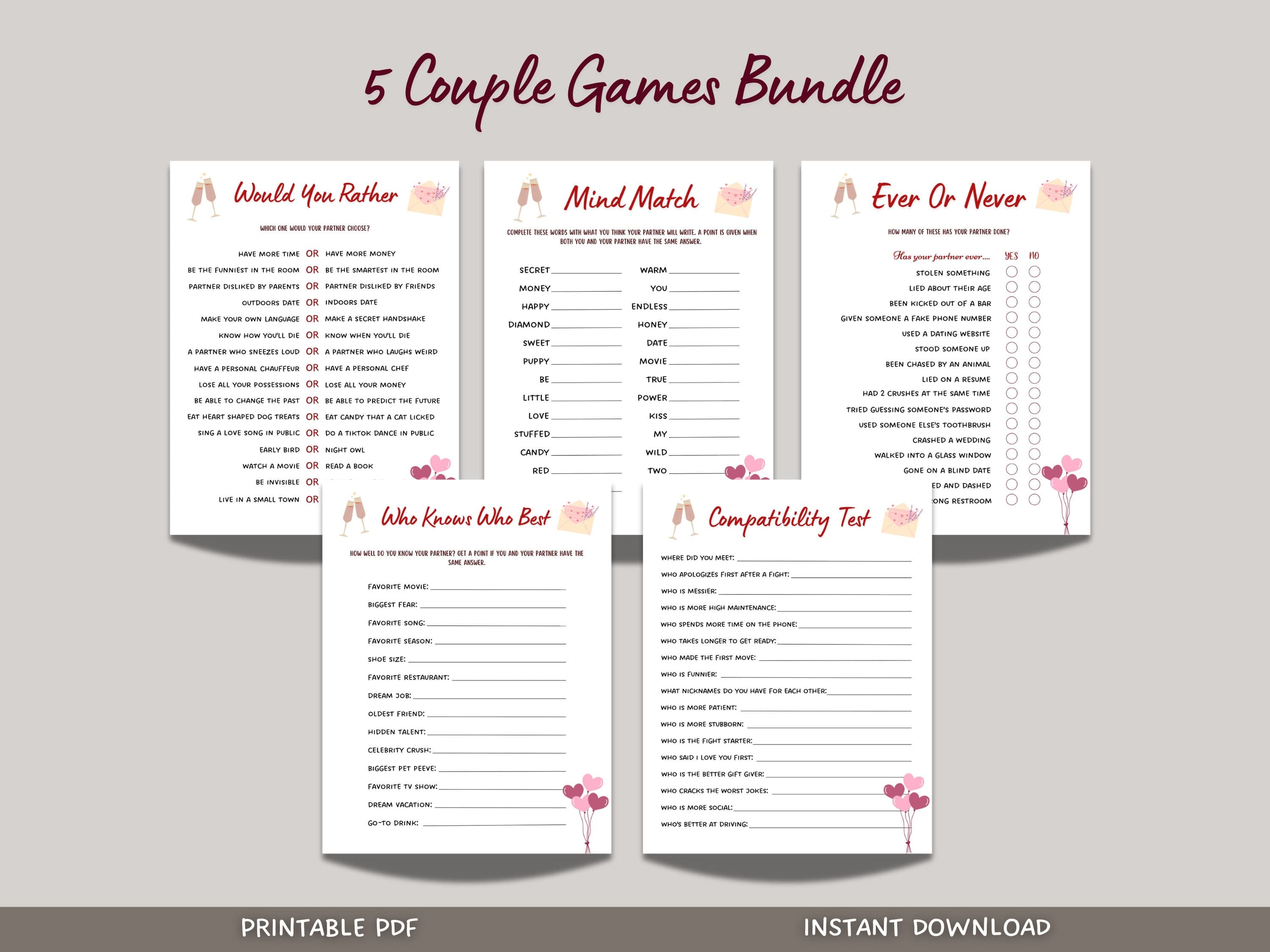 Couple Games Printable, Date Night Games, Marriage Anniversary Games, Fun Party Games for Couples, Valentines Day Games, Couples Night Games