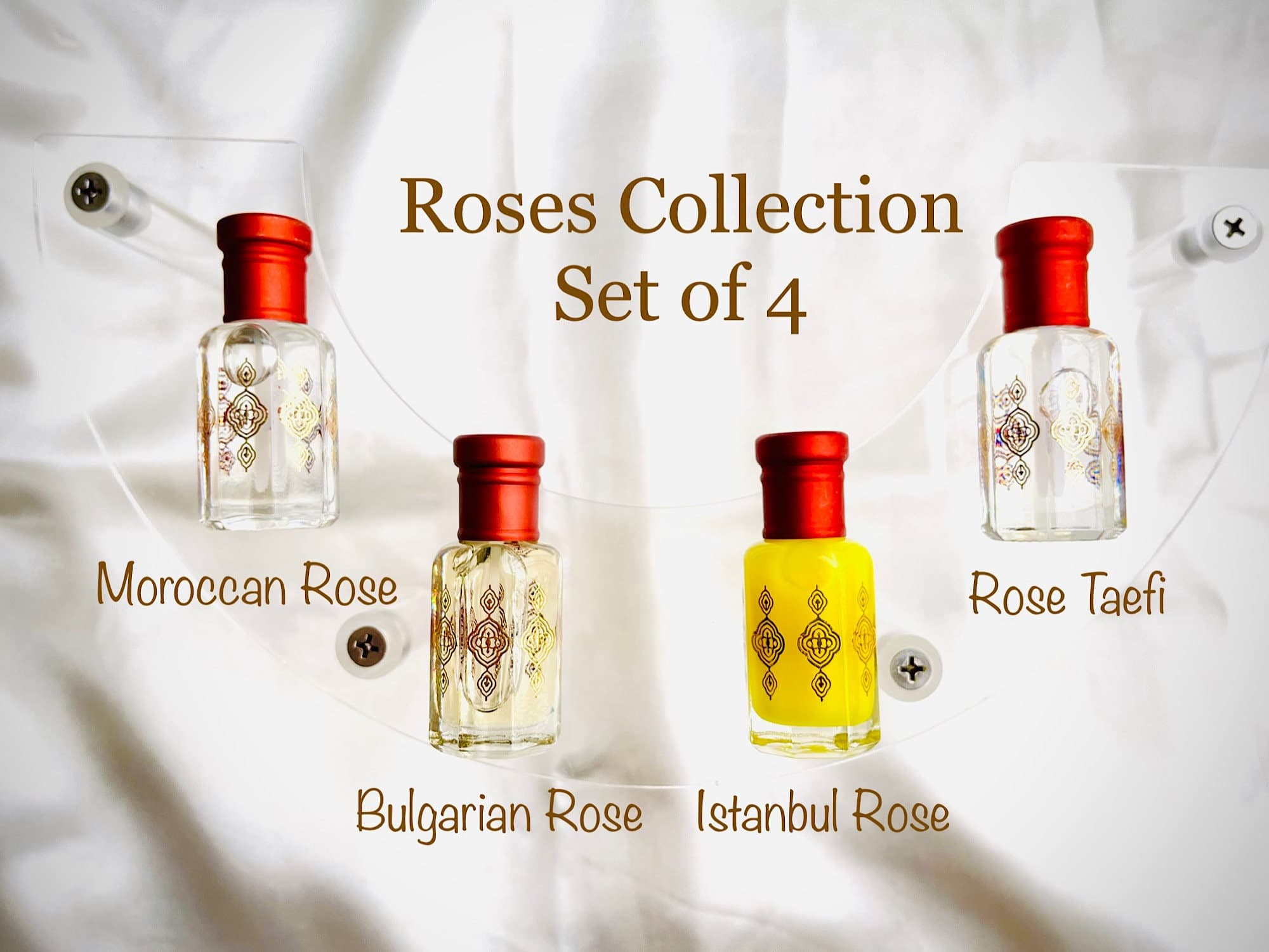 Rose Perfume Oil Gift Set: Bulgarian, Moroccan, Istanbul, Taefi - Alcohol-Free