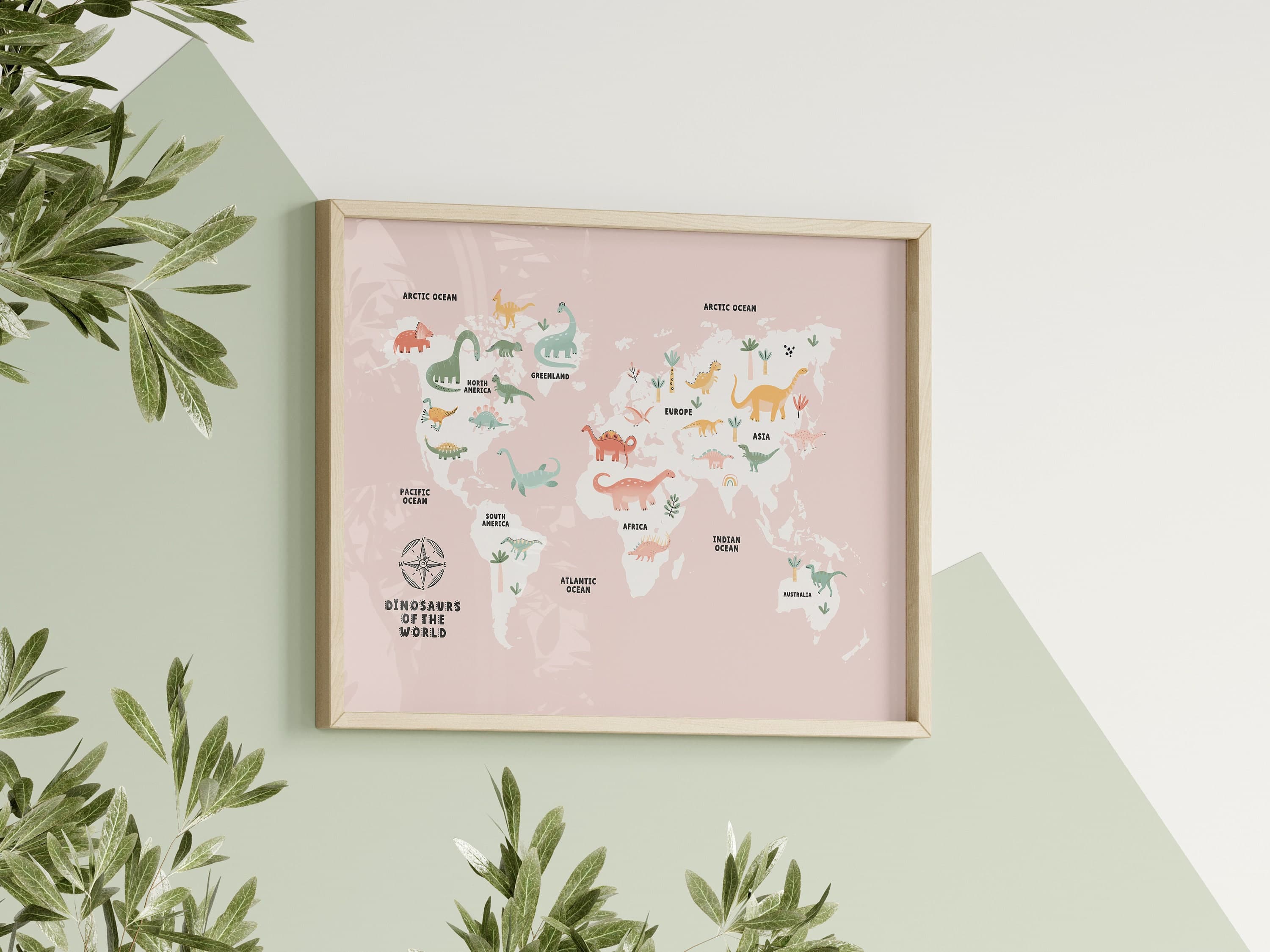 World Map Dinosaur Educational for Kids Room Pink World Map Montessori Nursery Wall Art Printable - image 3