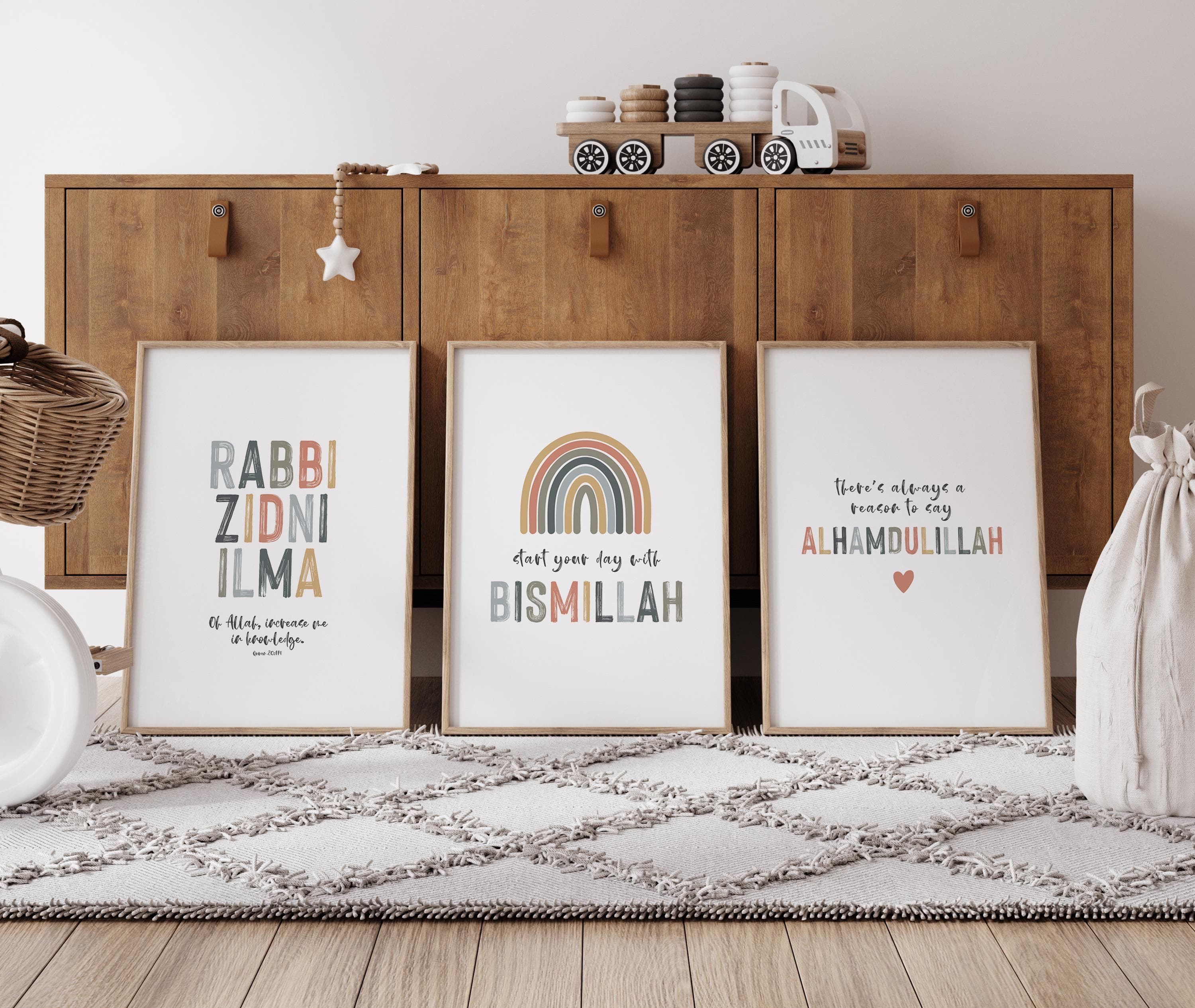Islamic Kids Room Wall Art Set of 3 Quran Quotes for Muslim Kids Room Decor Neutral Rainbow Colors Digital Download