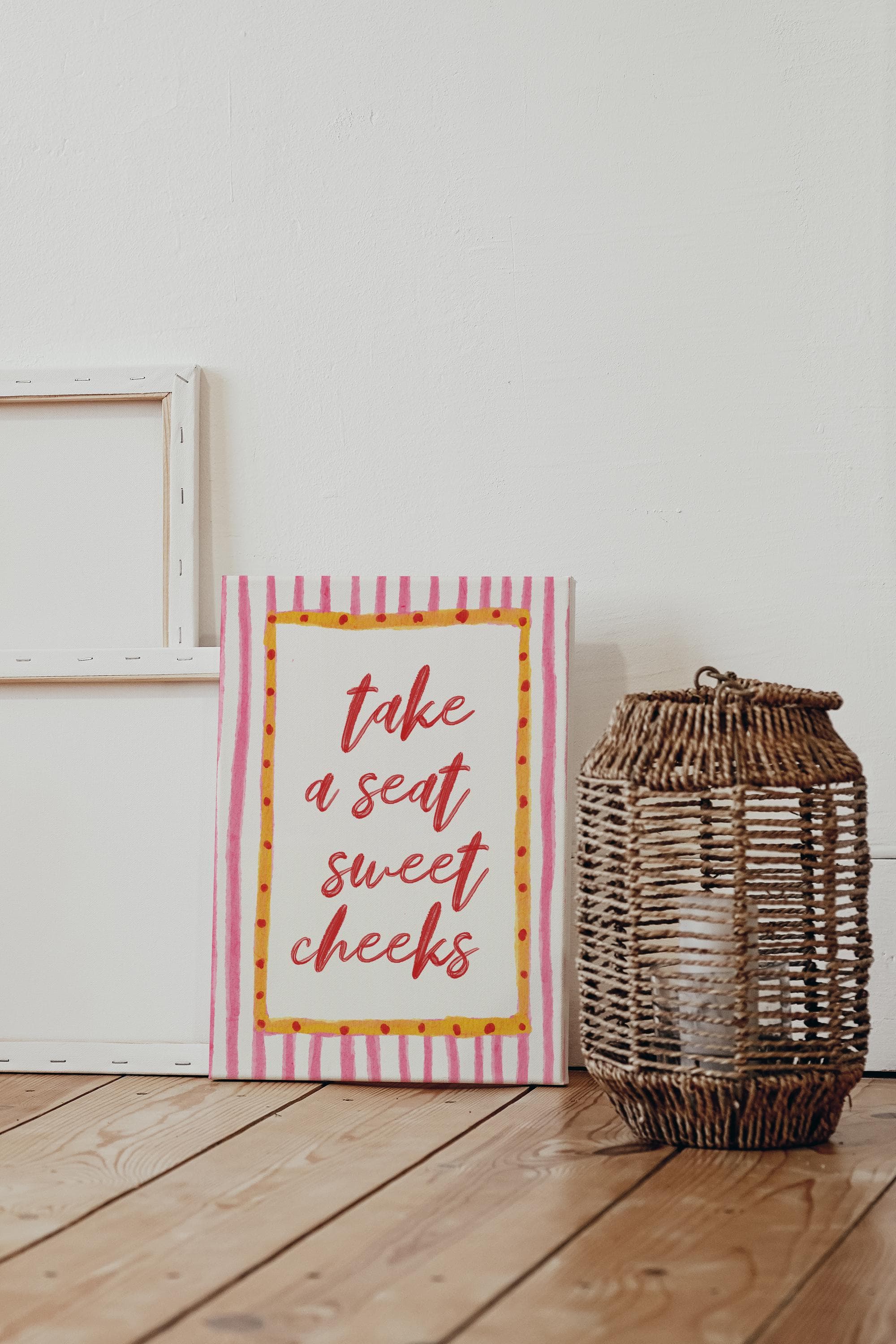 Sweet Cheeks Print Stylish Red Pink Stripes Funny Bathroom Wall Art - image 5