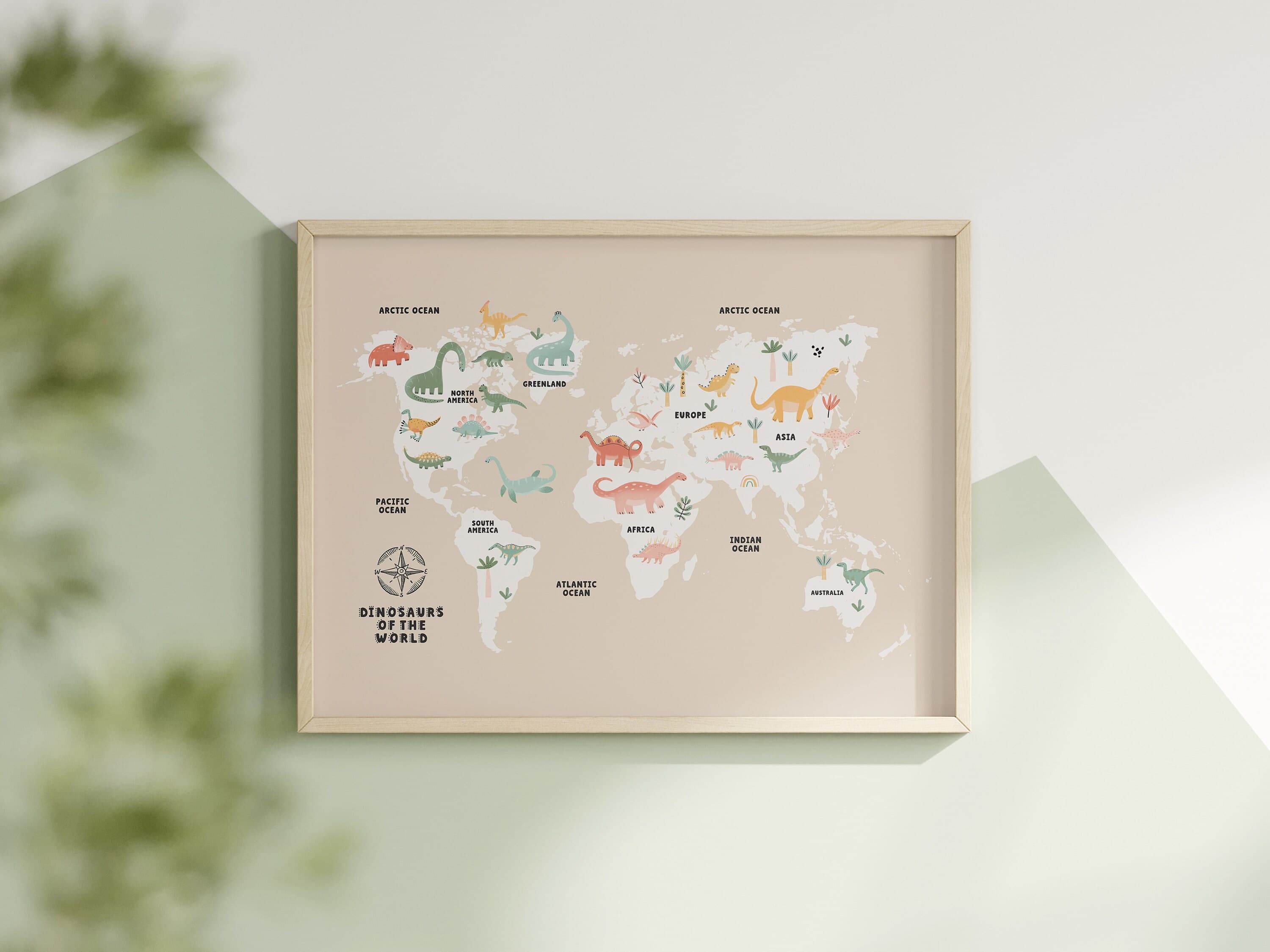 World Map Dinosaur Educational for Kids Room World Map Montessori Nursery Wall Art Printable