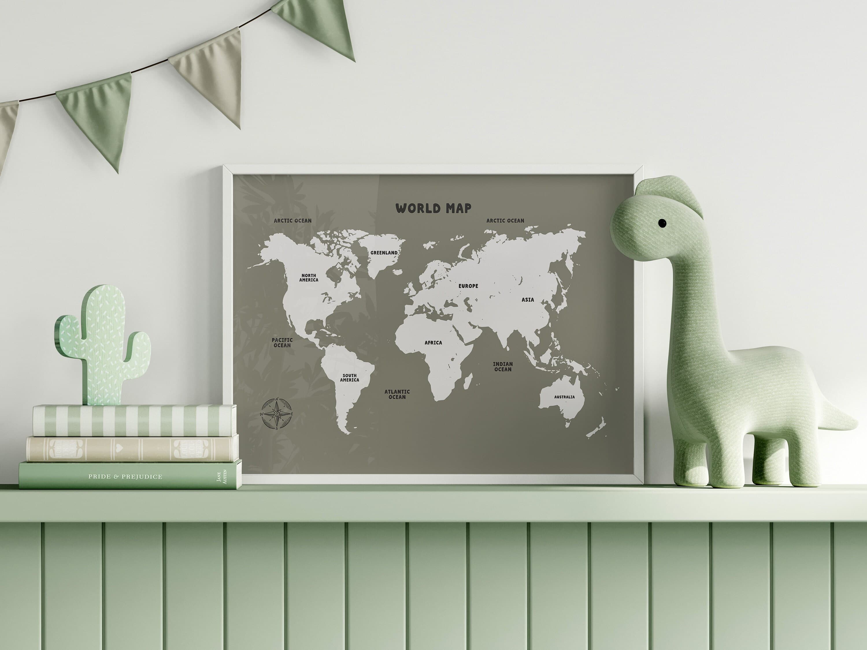 Green World Map Wall Art Nursery Minimalist Educational Montessori Printable Posters for Homeschool Decor - image 4