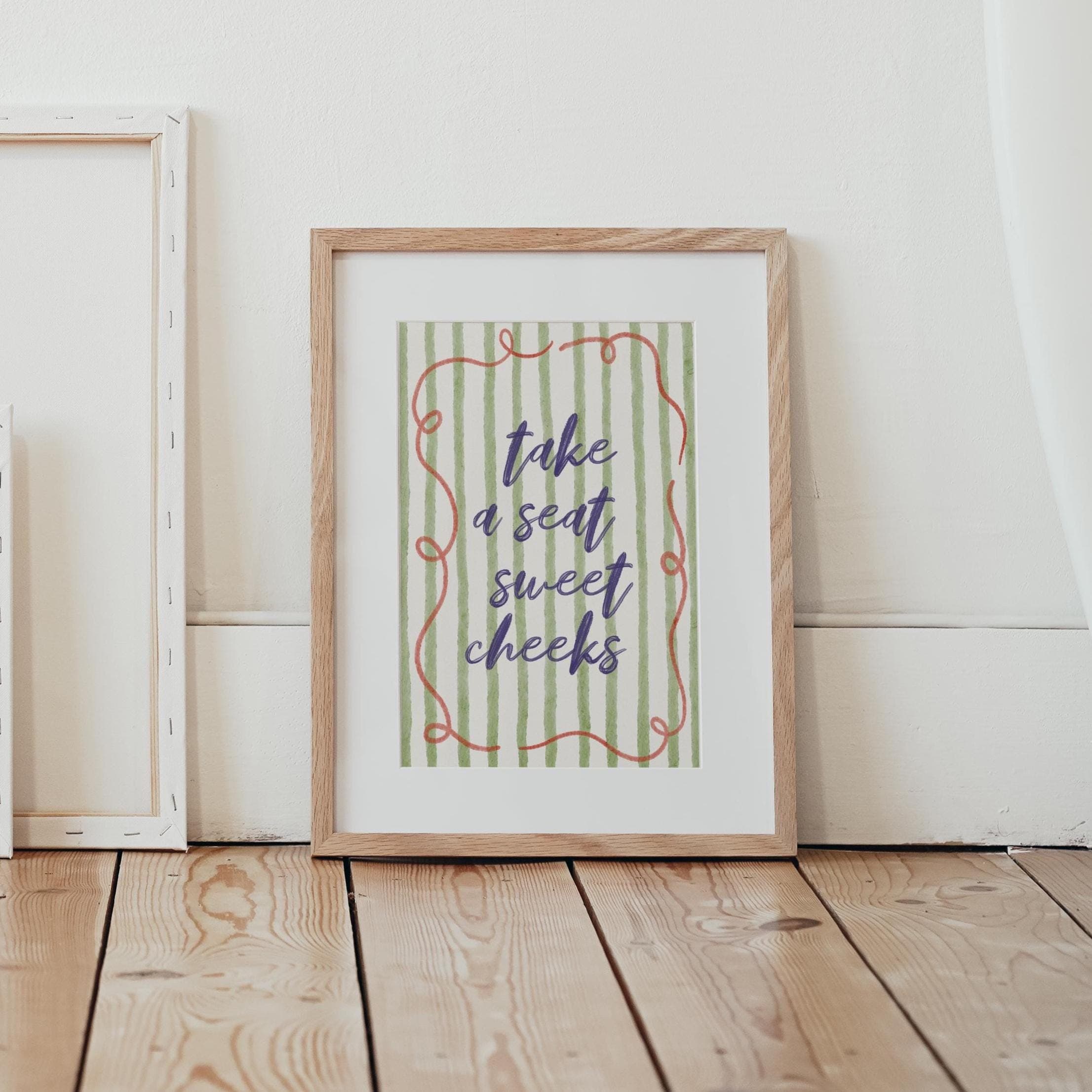 Sweet Cheeks Print Stylish Green Stripes Funny Bathroom Wall Art