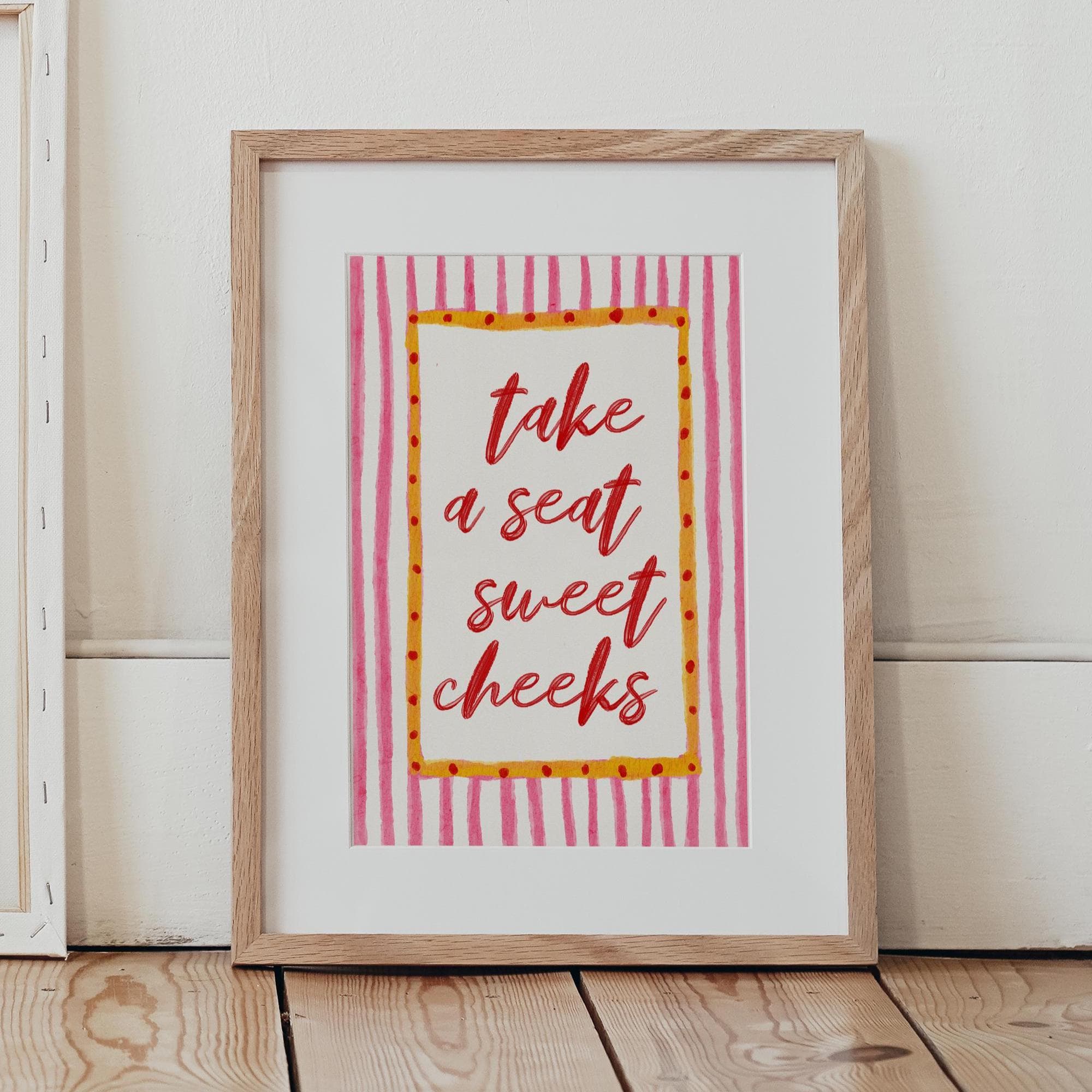 Sweet Cheeks Print Stylish Red Pink Stripes Funny Bathroom Wall Art