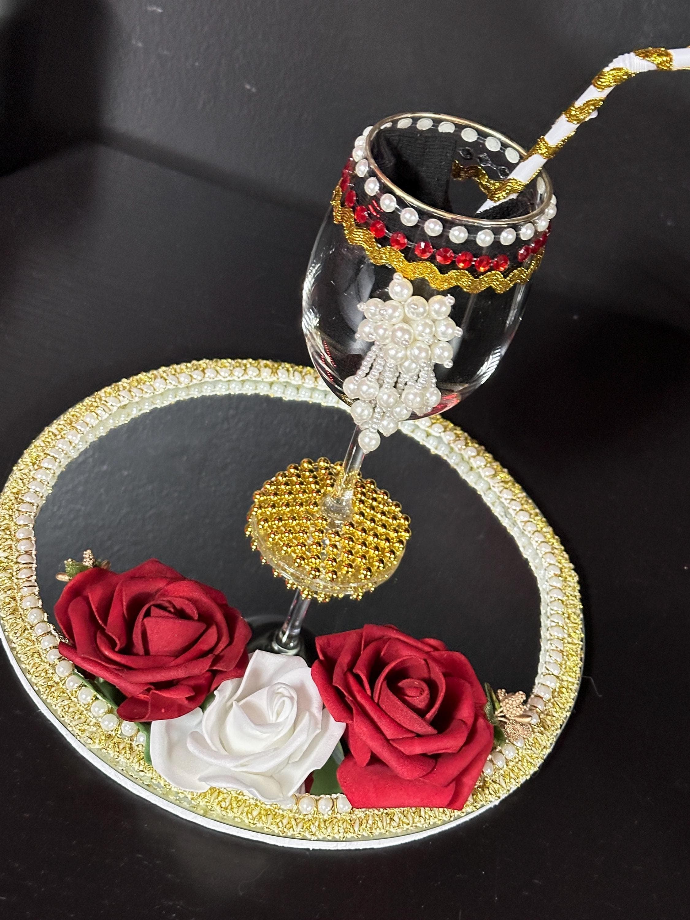Doodh Pilai Glass Set/ Decorative Indian Wedding Milk Ceremony Platter