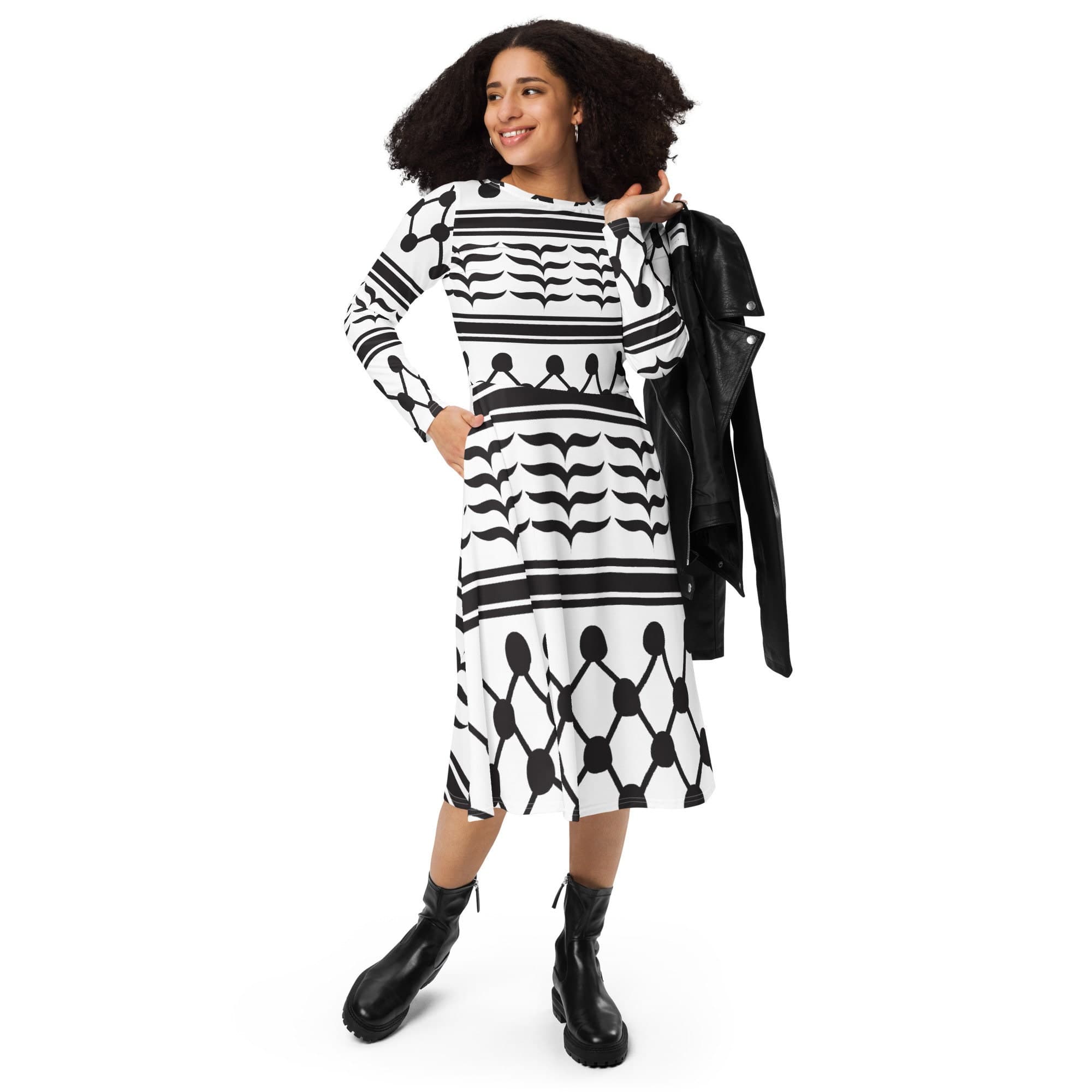 Palestinian Keffiyeh All-over print long sleeve midi dress, Woman clothes