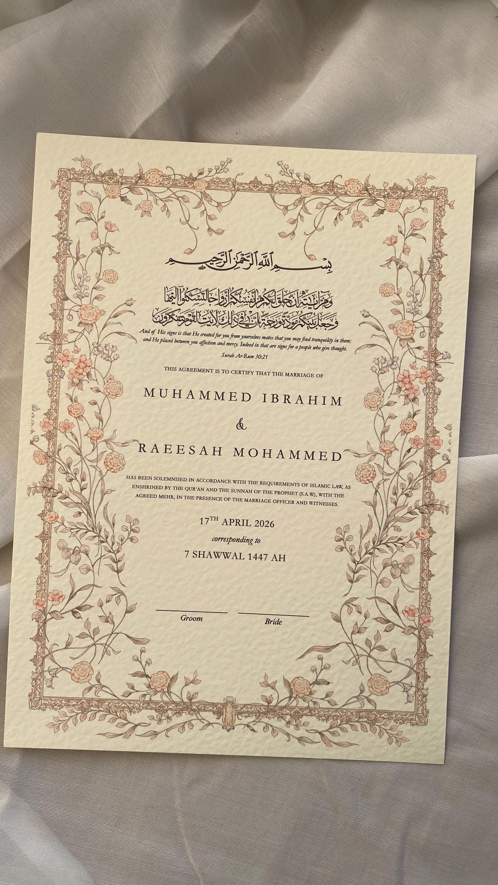 Luxury Hammered Nikkah Certificate: Personalized Muslim Marriage Contract A3/A4