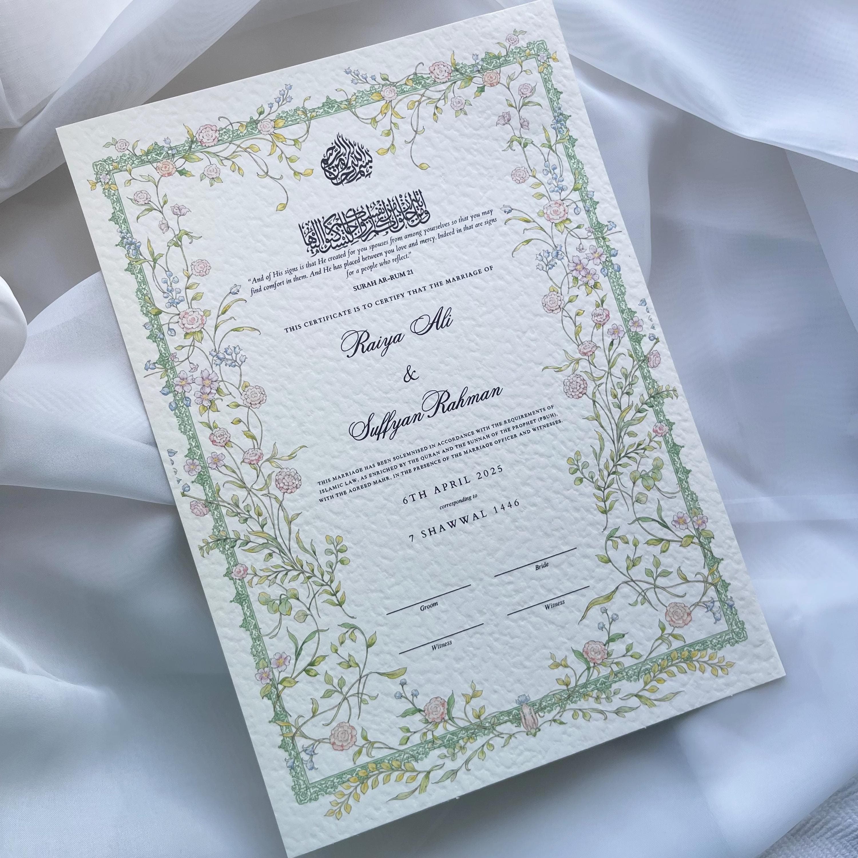 A3 Floral Hammered Nikkah Certificate: Personalized Muslim Marriage Contract