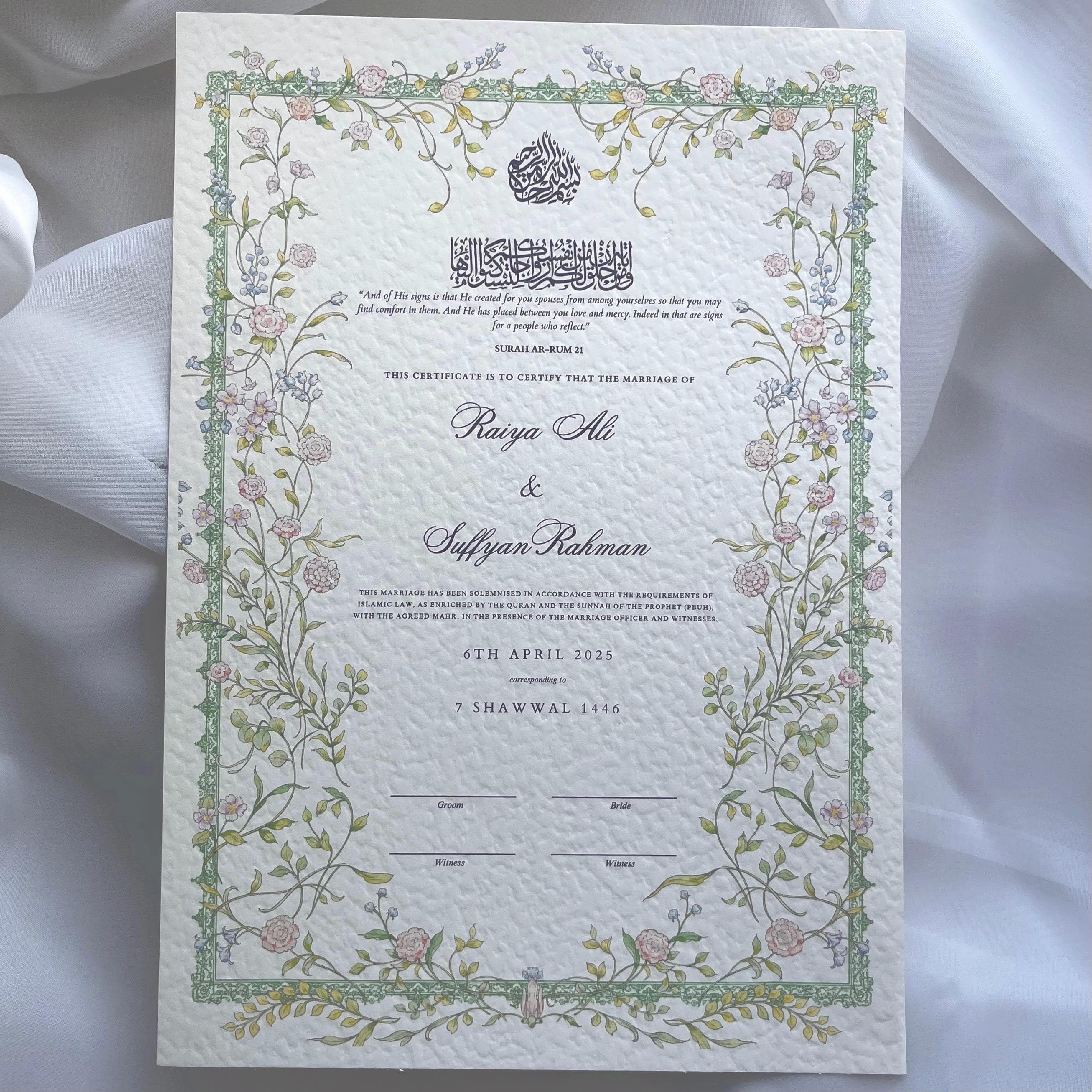 Floral Hammered Nikkah Certificate: Personalized Muslim Marriage Contract - image 5
