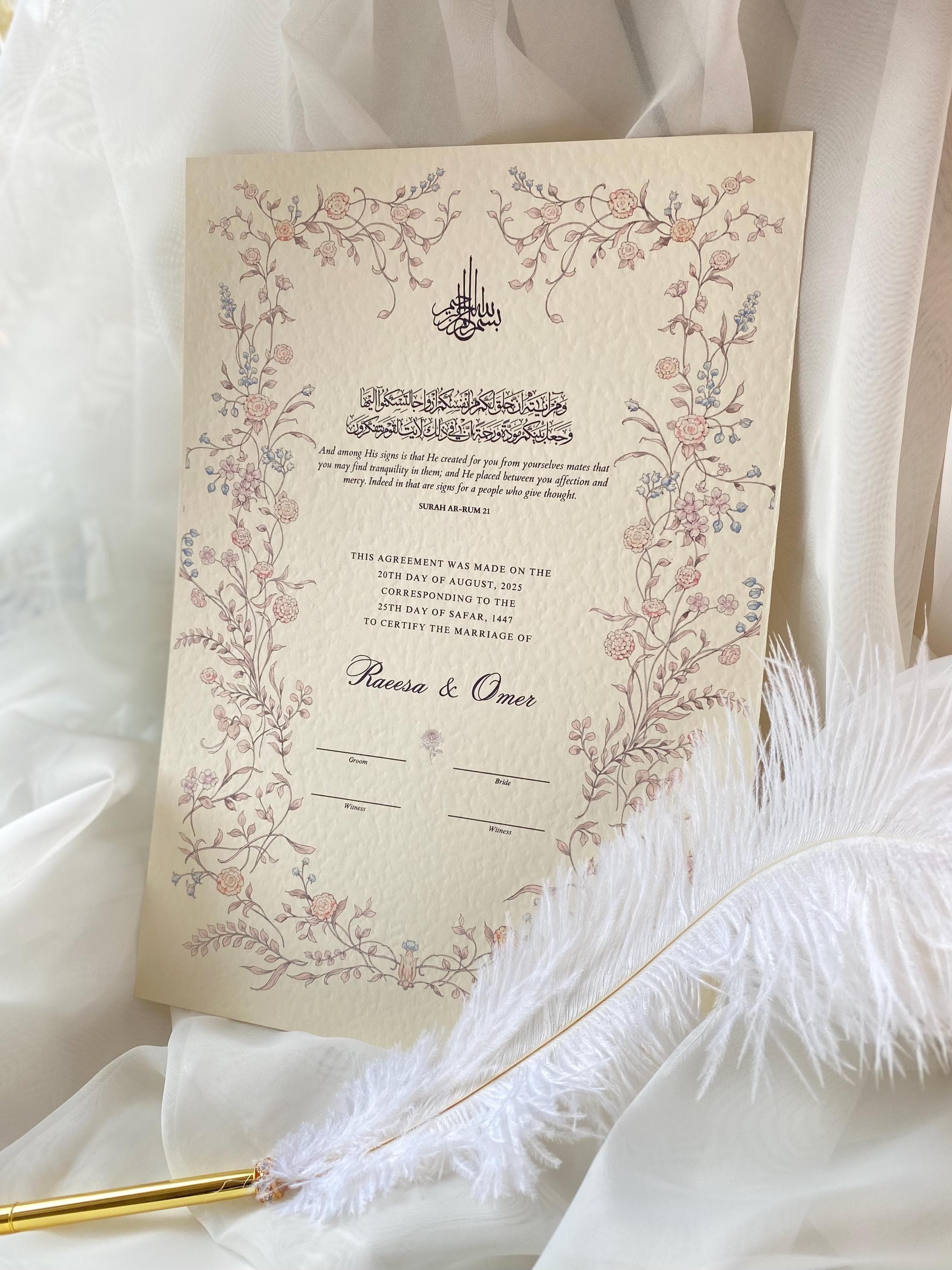Floral Hammered Nikkah Certificate: Personalized Muslim Marriage Keepsake