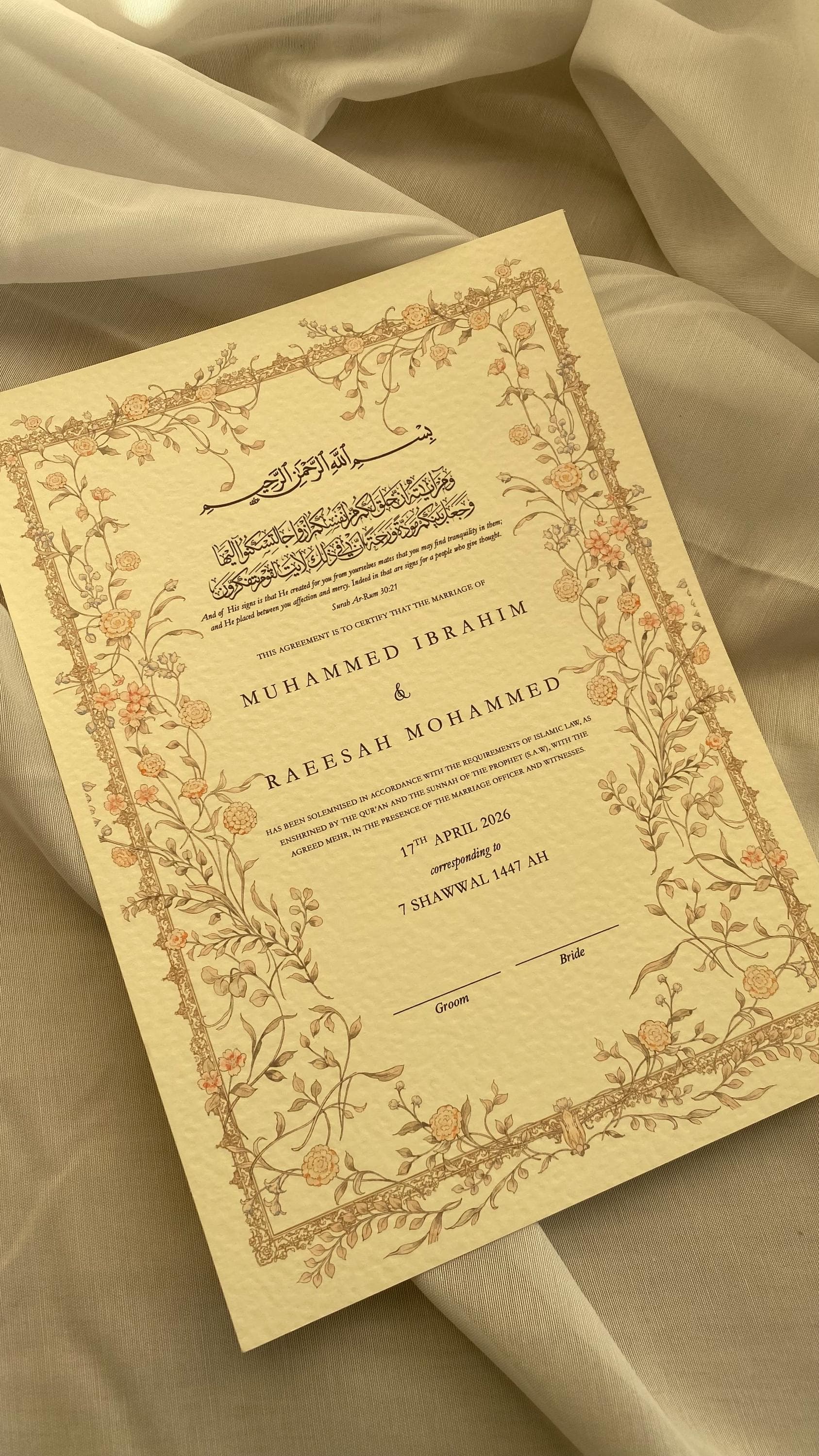 Luxury Hammered Nikkah Certificate: Personalized Muslim Marriage Contract A3/A4
