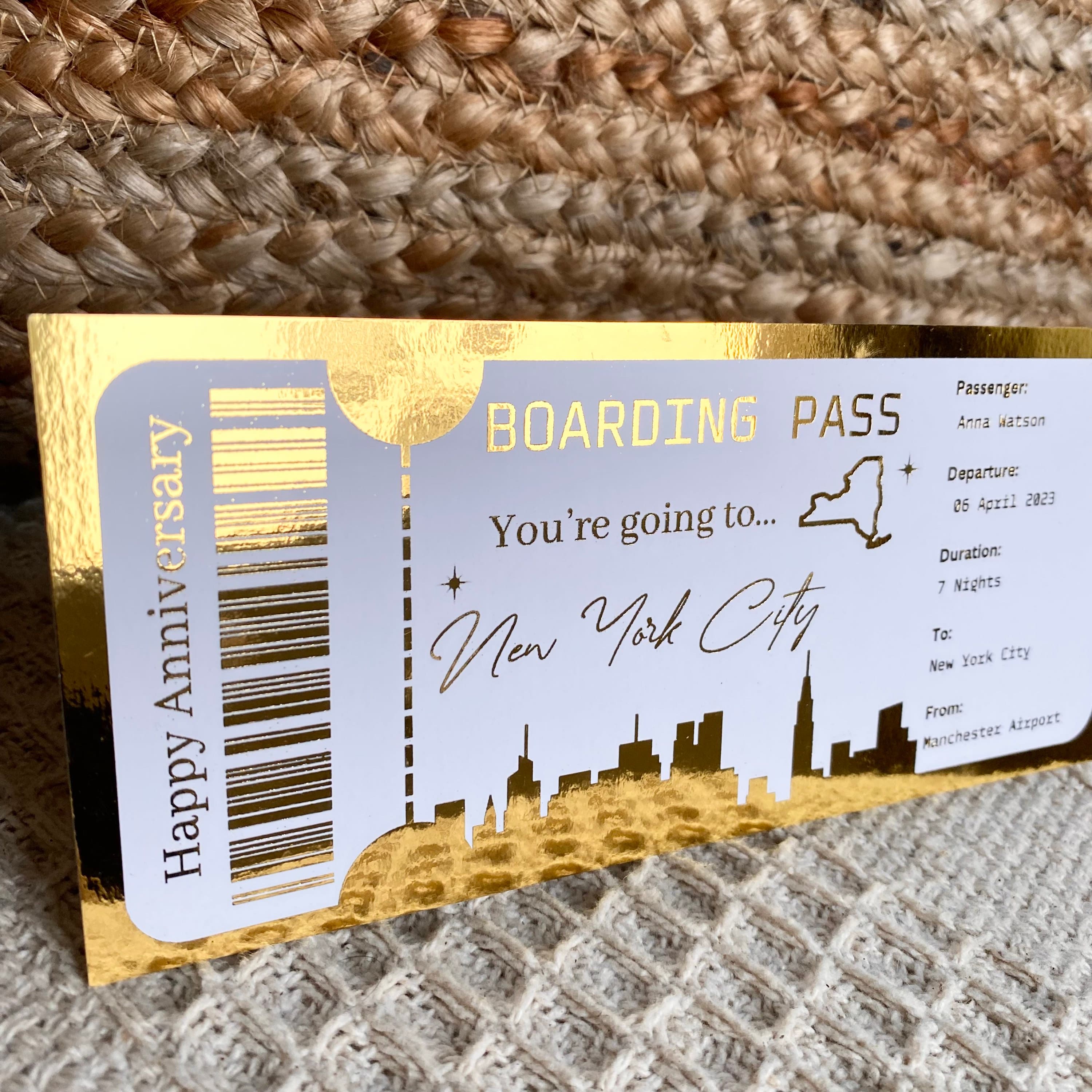 Personalized Holiday Golden Foil Boarding Pass: Surprise Trip Ticket