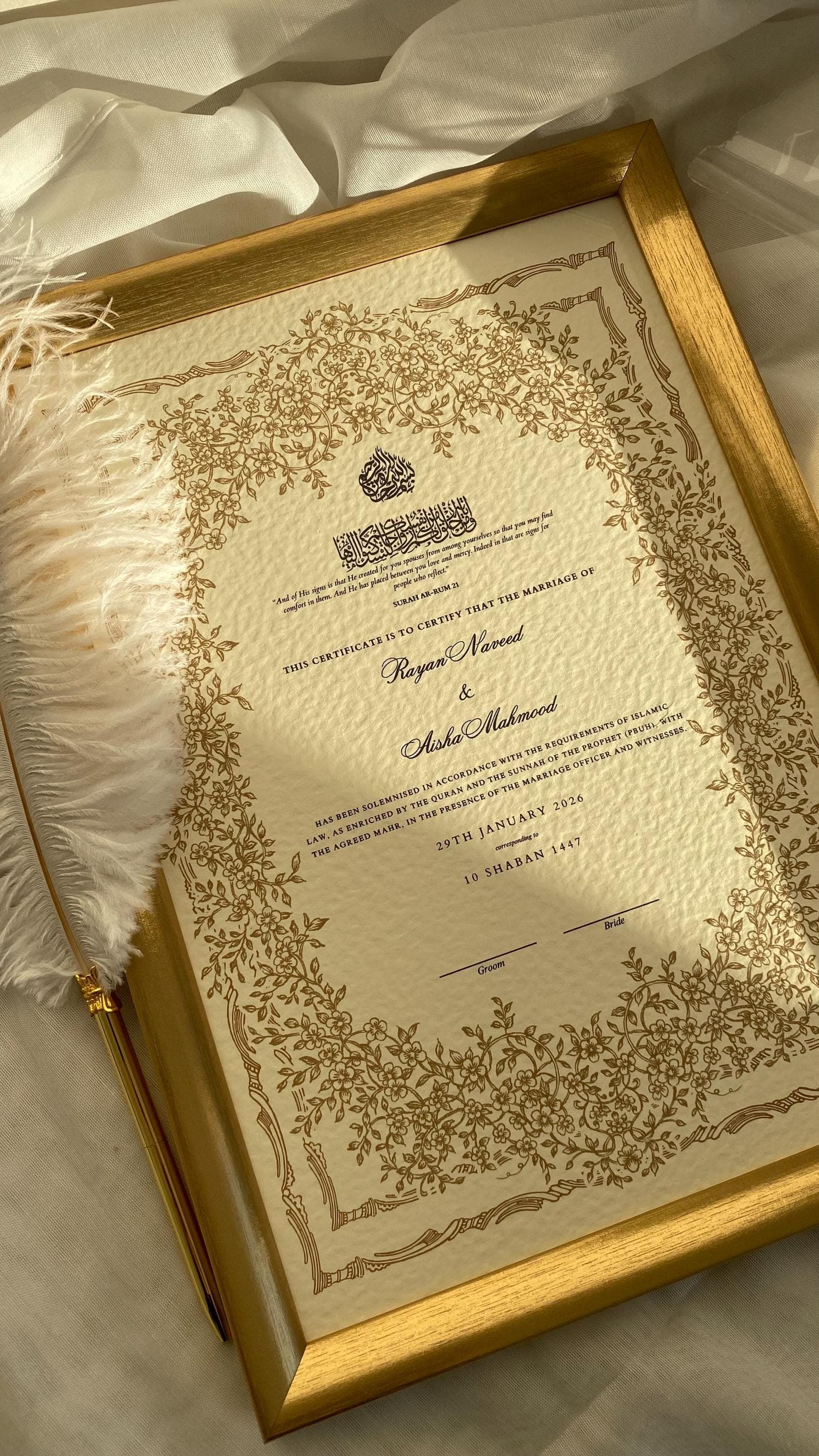 Luxury Hammered Nikkah Certificate: Personalized Muslim Marriage Contract A3/A4