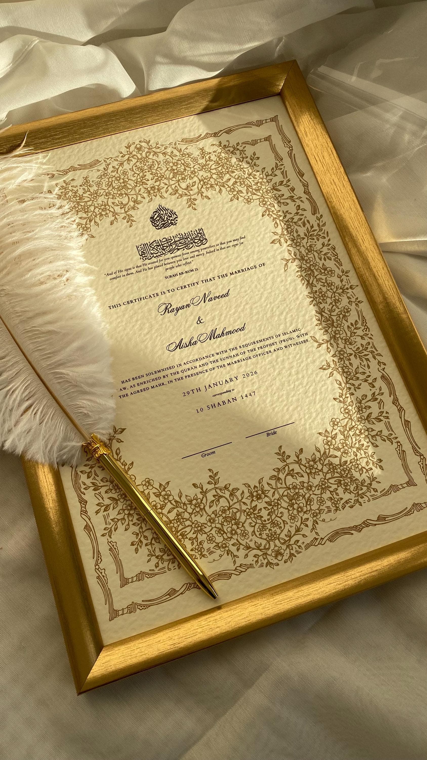 Luxury Hammered Nikkah Certificate: Personalized Muslim Marriage Contract A3/A4