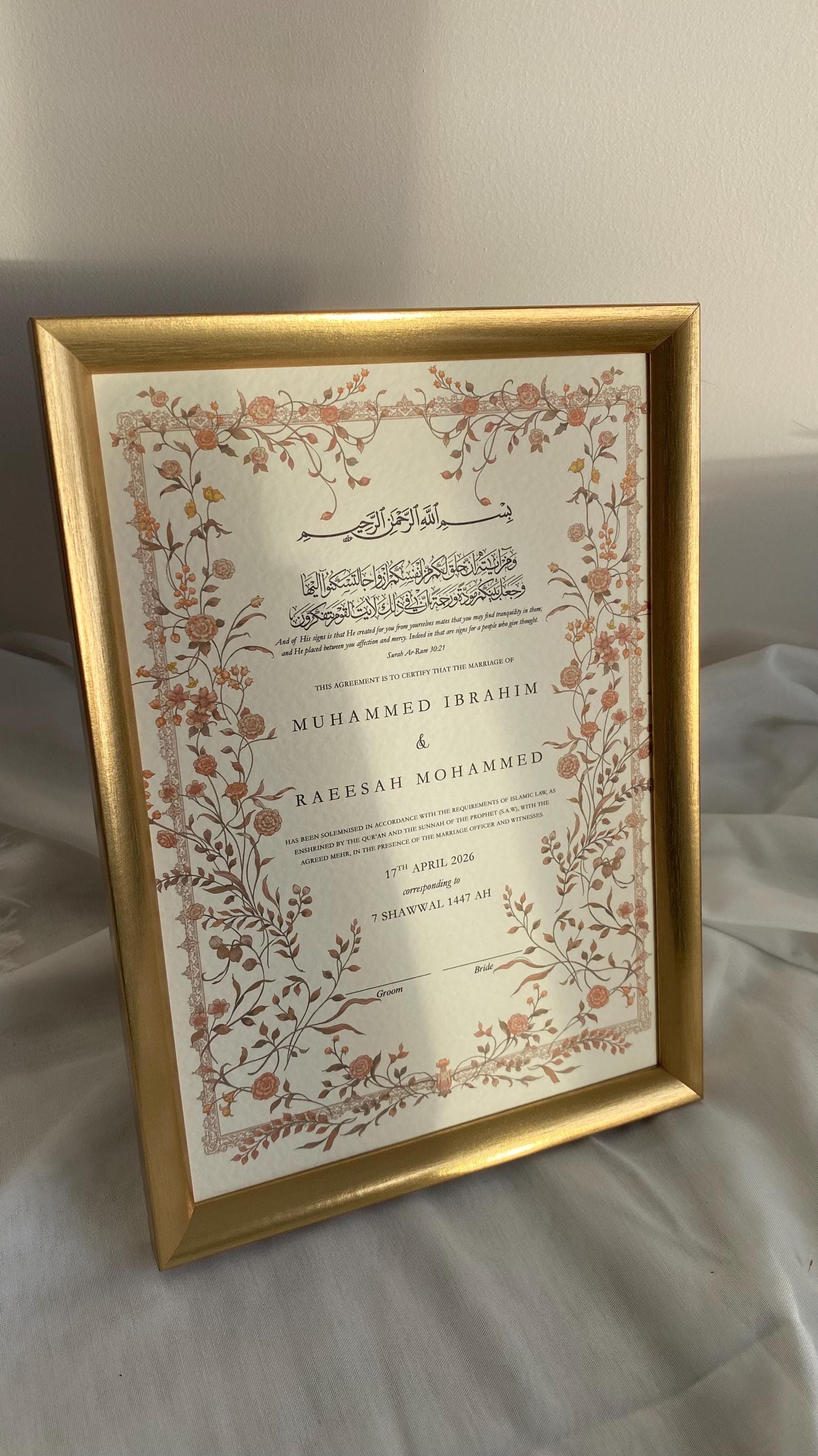 Luxury Hammered Nikkah Certificate: Personalized Muslim Marriage Contract A3/A4
