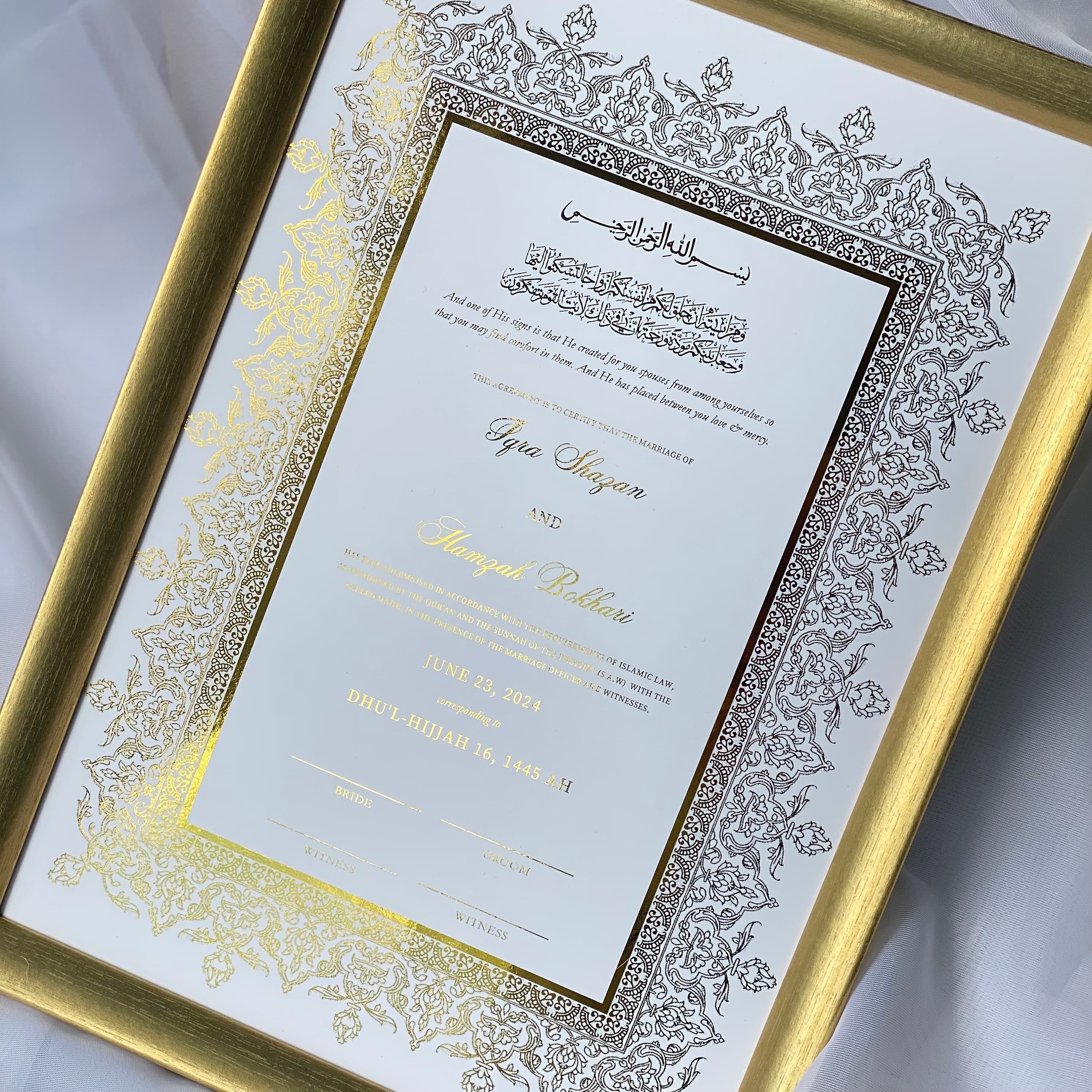 Luxury Foiled Nikkah Certificate: Personalized Muslim Marriage Keepsake