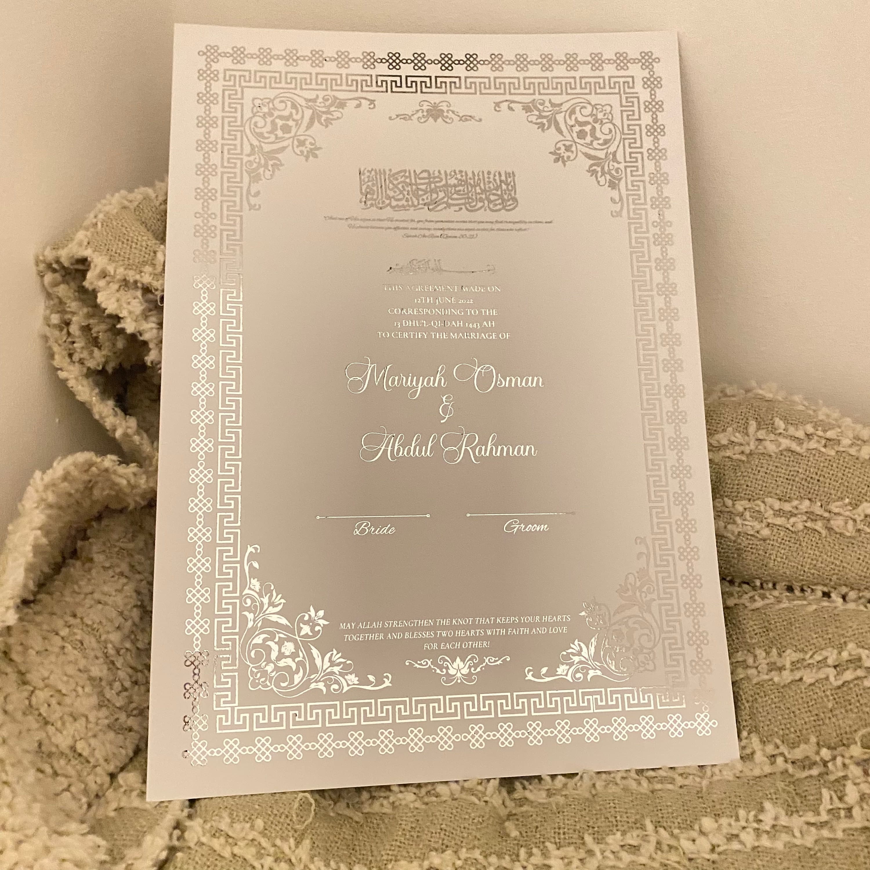 Foiled Nikkah Certificate: Personalized Islamic Wedding Contract