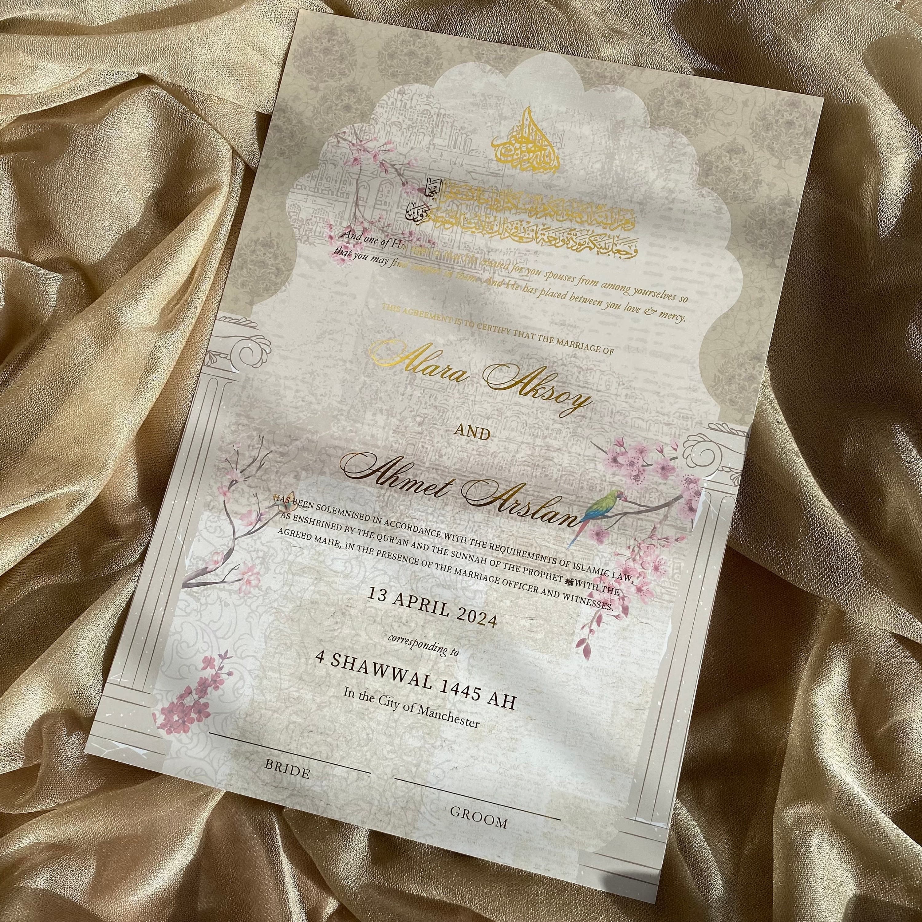 A4 Gold Foiled Nikkah Certificate: Personalized Islamic Wedding Contract