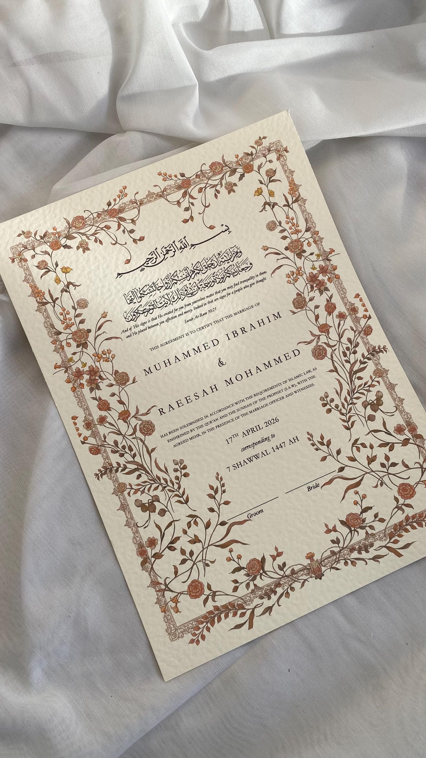 Luxury Hammered Nikkah Certificate: Personalized Muslim Marriage Contract A3/A4