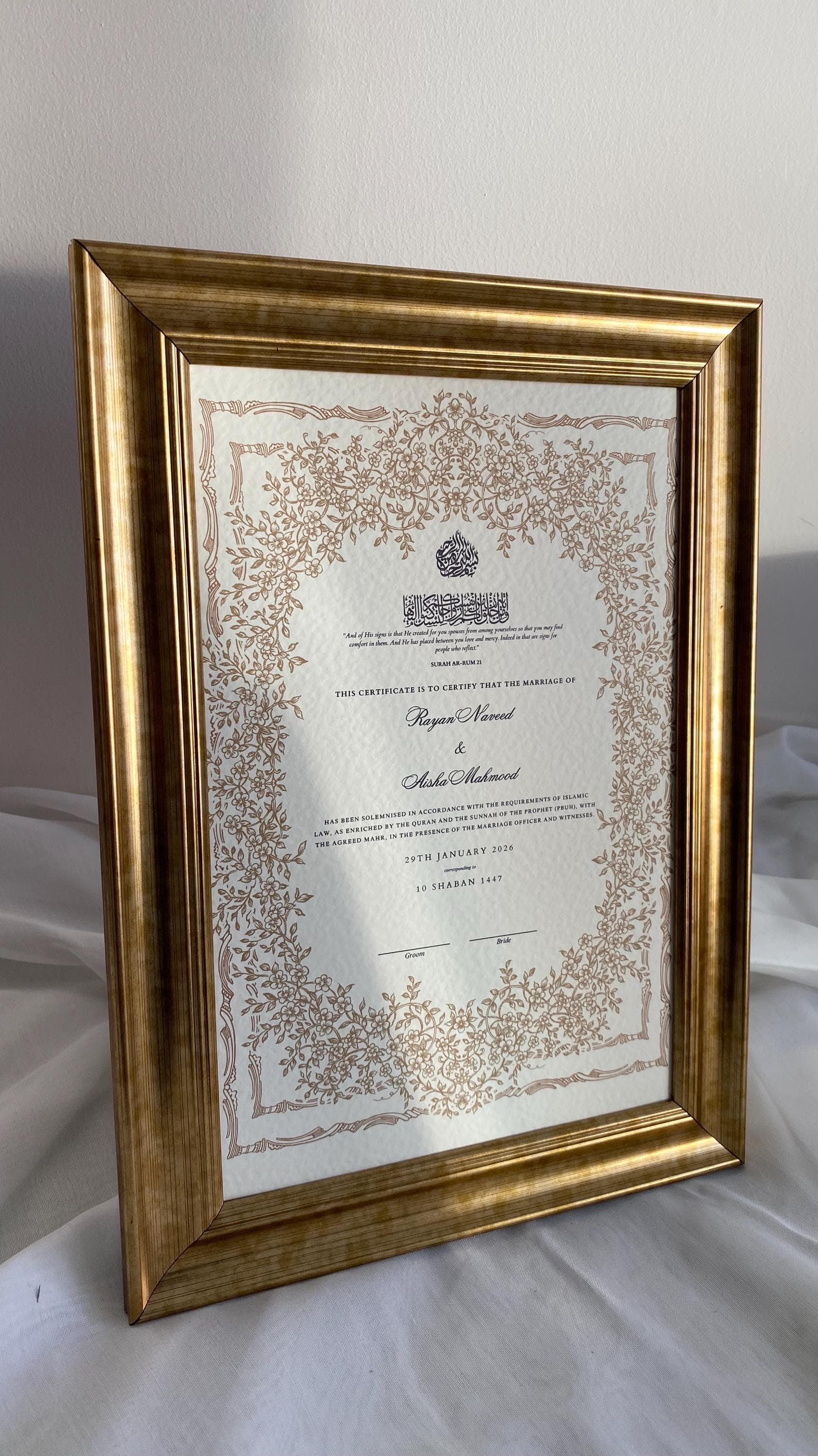 Islamic Nikkah Certificate • Personalised Muslim Marriage Contract • Arabic Calligraphy Strength Keepsake Wedding Gift