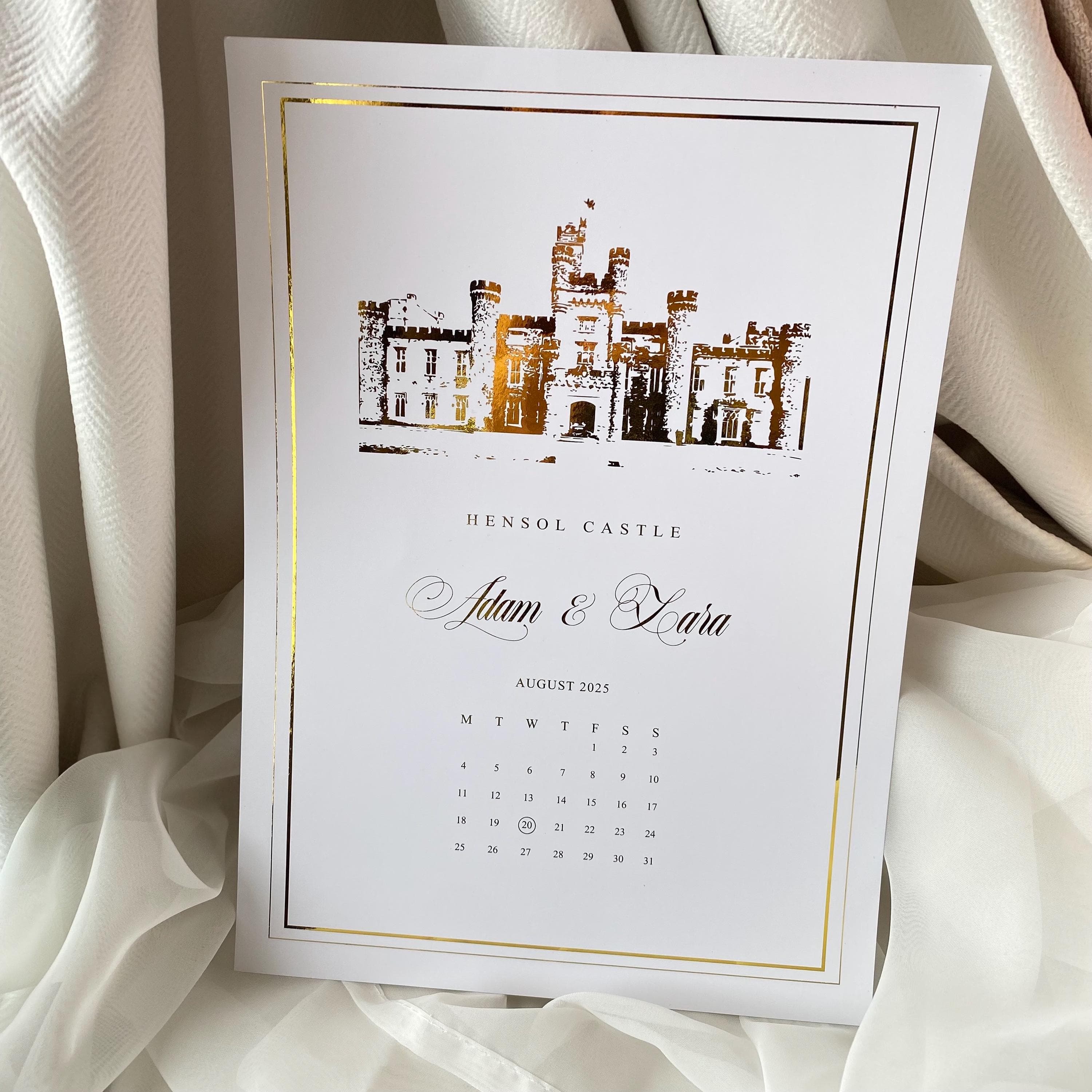 Personalized Foiled Save the Date Card: Venue Illustration, Gold/Silver/Rose Gold