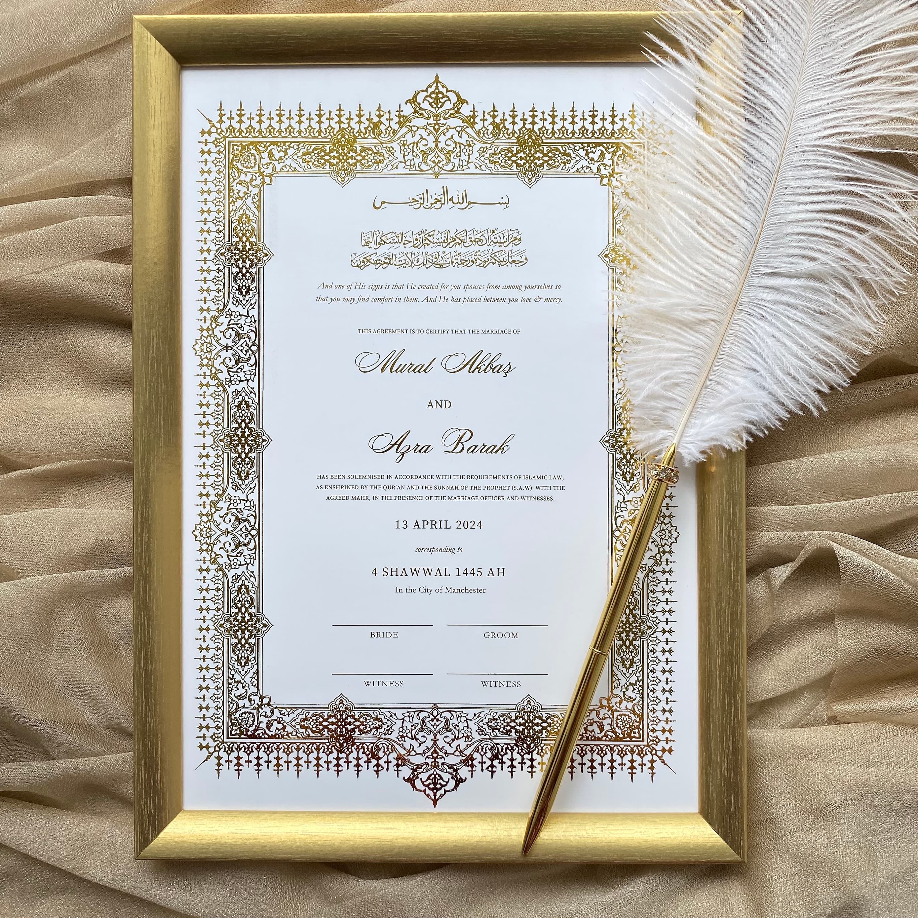 Gold Foiled Nikkah Certificate: Personalized Islamic Wedding Keepsake