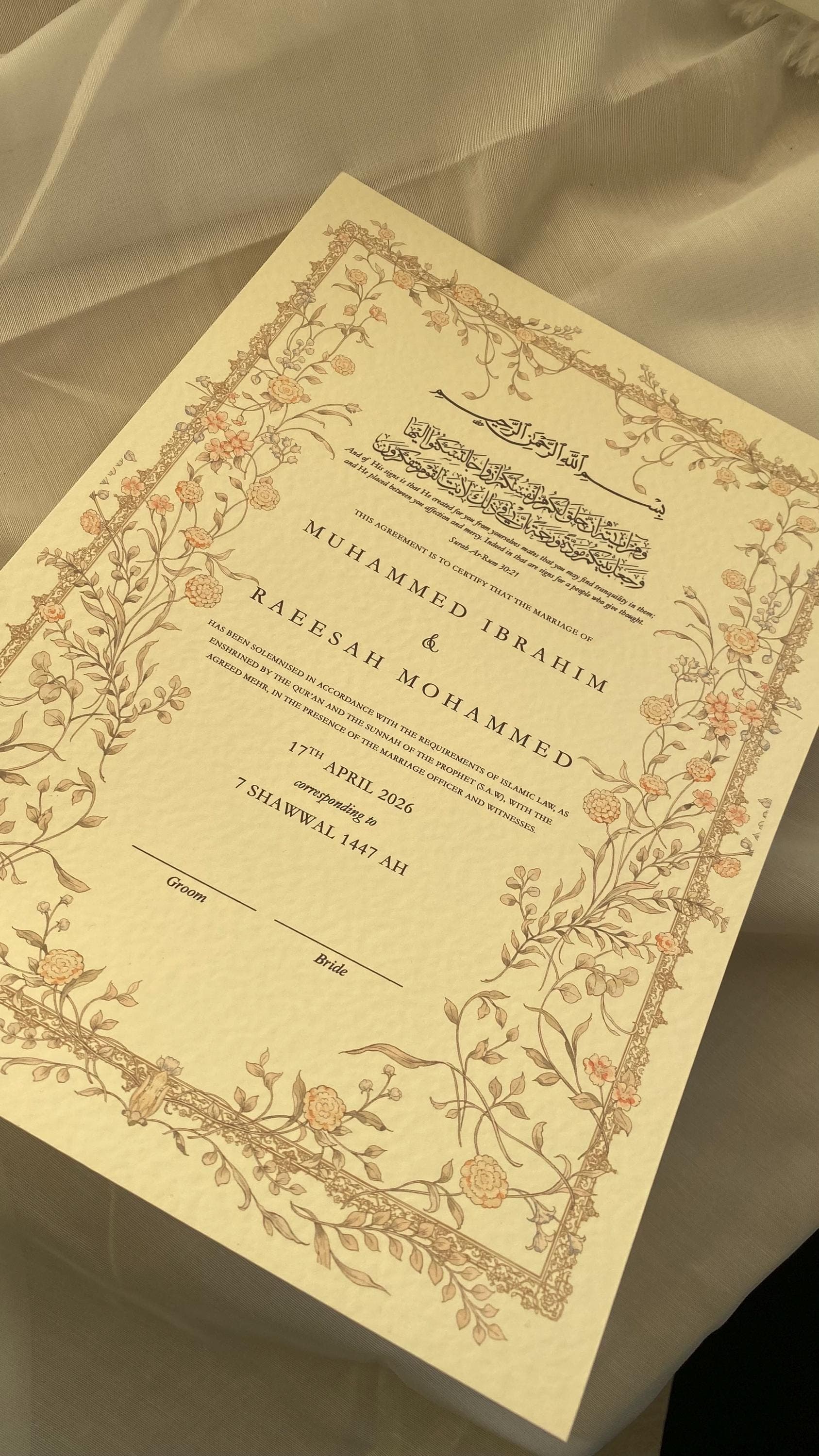 Luxury Hammered Nikkah Certificate: Personalized Muslim Marriage Contract A3/A4