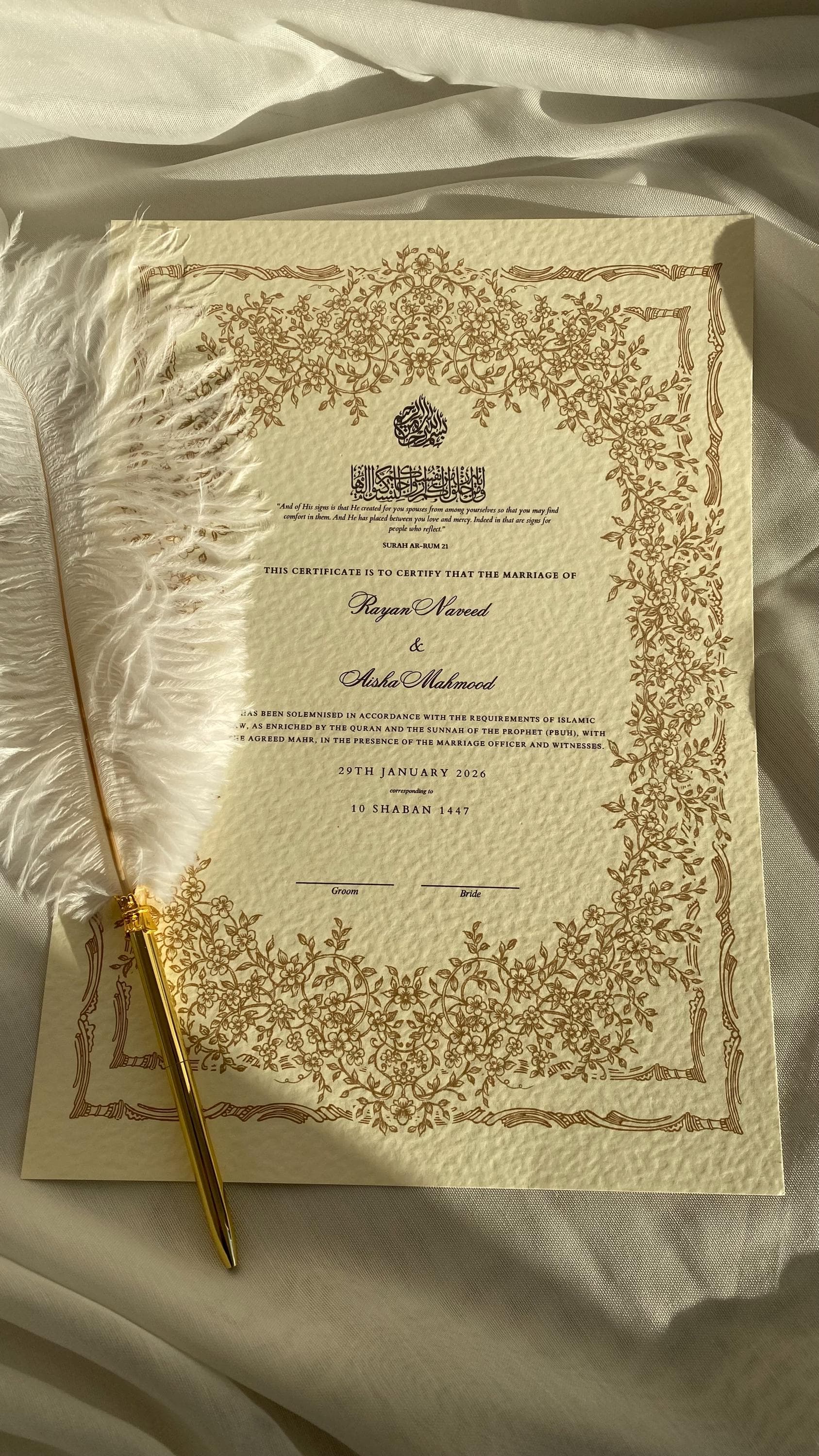 Luxury Hammered Nikkah Certificate: Personalized Muslim Marriage Contract A3/A4