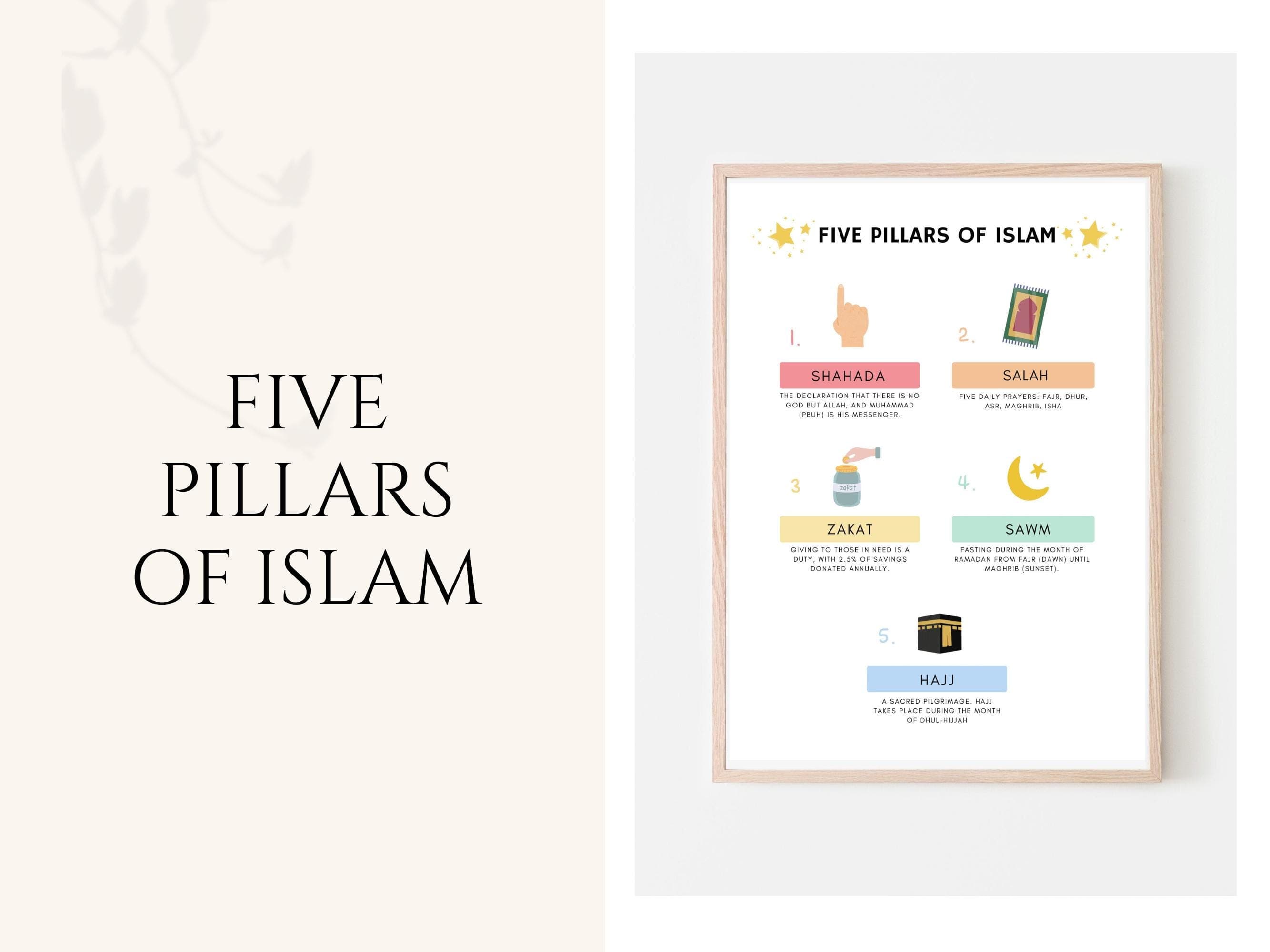 Introduce children and new learners to the core values of Islam with these beautifully designed Five Pillars of Islam Poster. This Islamic educational tool provides clear, engaging visuals and descriptions for each of the Five Pillars: Shahada, Salah, Zakat, Sawm, and Hajj.
