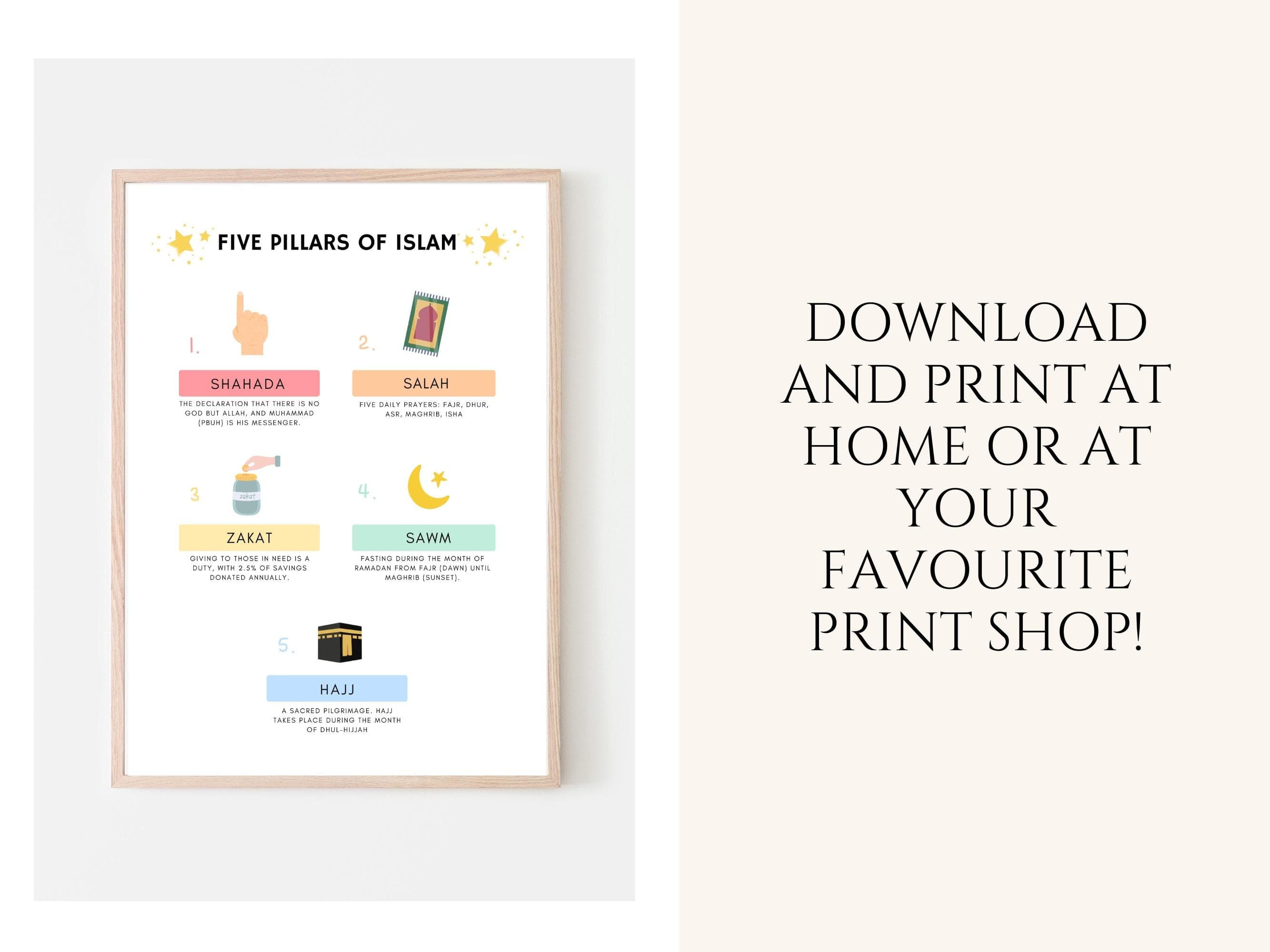 Introduce children and new learners to the core values of Islam with these beautifully designed Five Pillars of Islam Poster. This Islamic educational tool provides clear, engaging visuals and descriptions for each of the Five Pillars: Shahada, Salah, Zakat, Sawm, and Hajj.