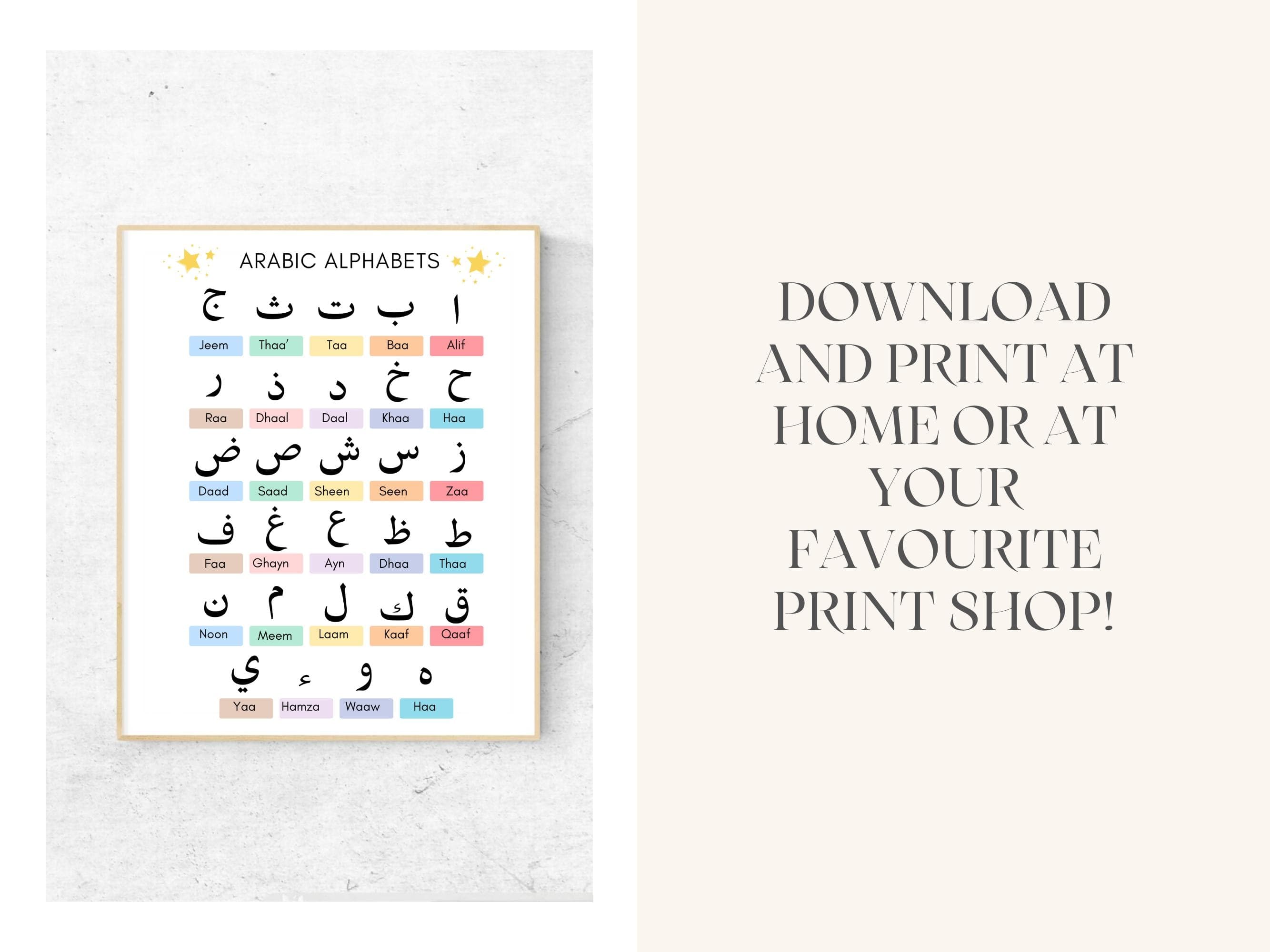 Teach your little ones the beauty of the Arabic language with this vibrant Arabic Alphabet Poster. This Arabic Letters Wall Art is perfect for any child's room or learning space, offering an engaging way to help them learn the Arabic alphabet.