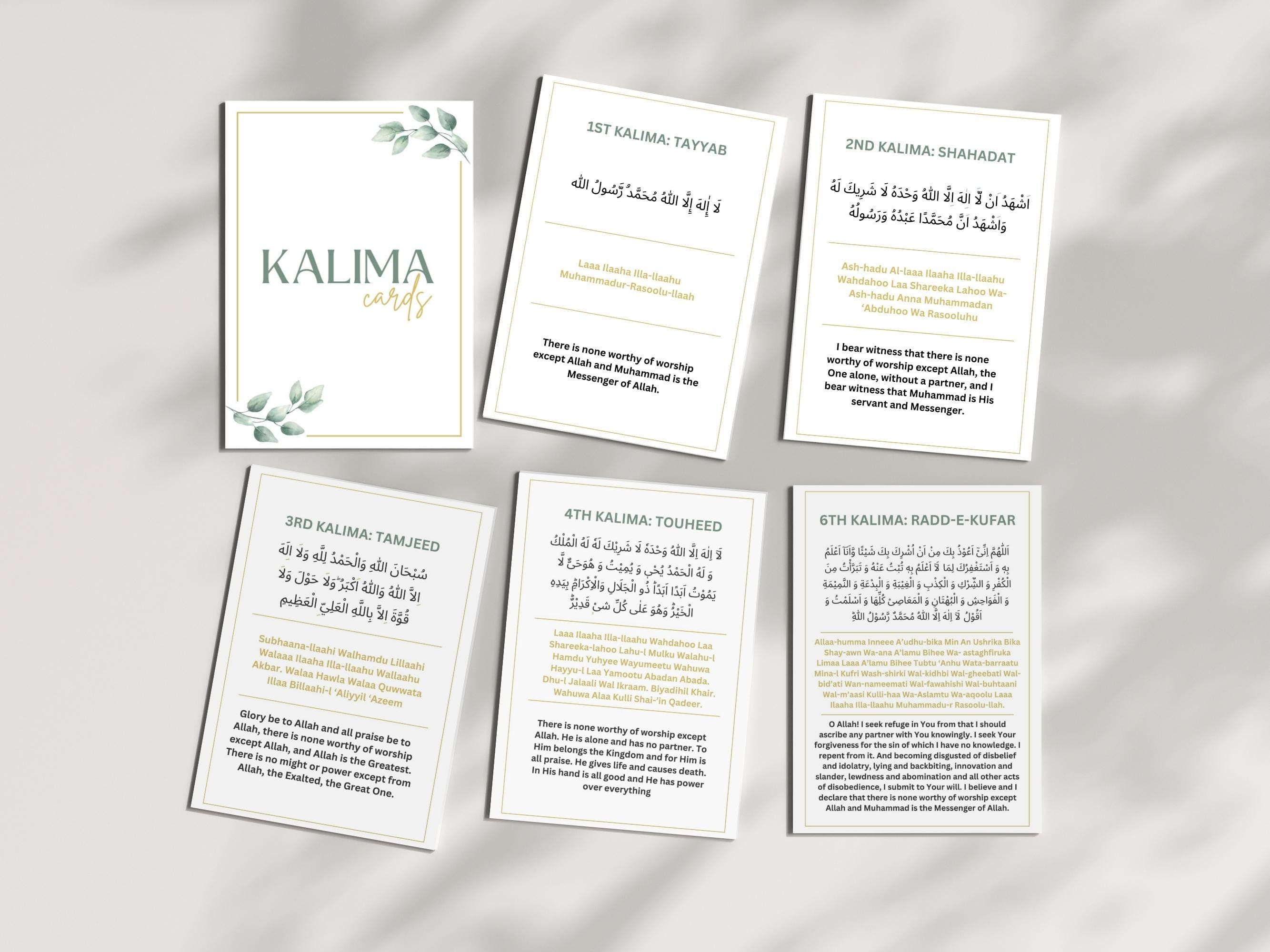 Learn the six kalima of Islam with these beautifully designed flashcards! Each flashcard features the Arabic text, transliteration and English translation. These cards are perfect for both kids and adults who want to learn the six kalimas.