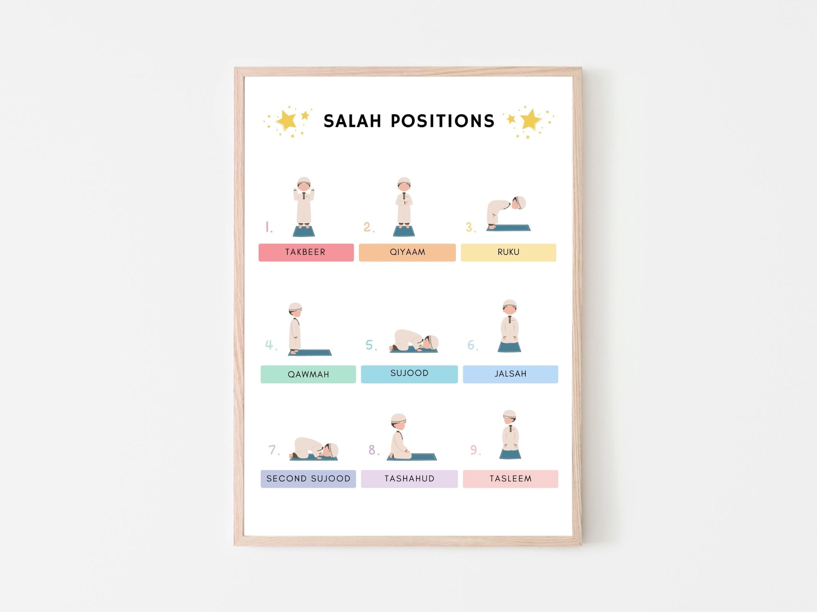 Help children and new learners understand the positions of Salah with this clear and beautifully designed Salah Position Poster. This educational Islamic wall art guides users through each step of the prayer/ Namaz.