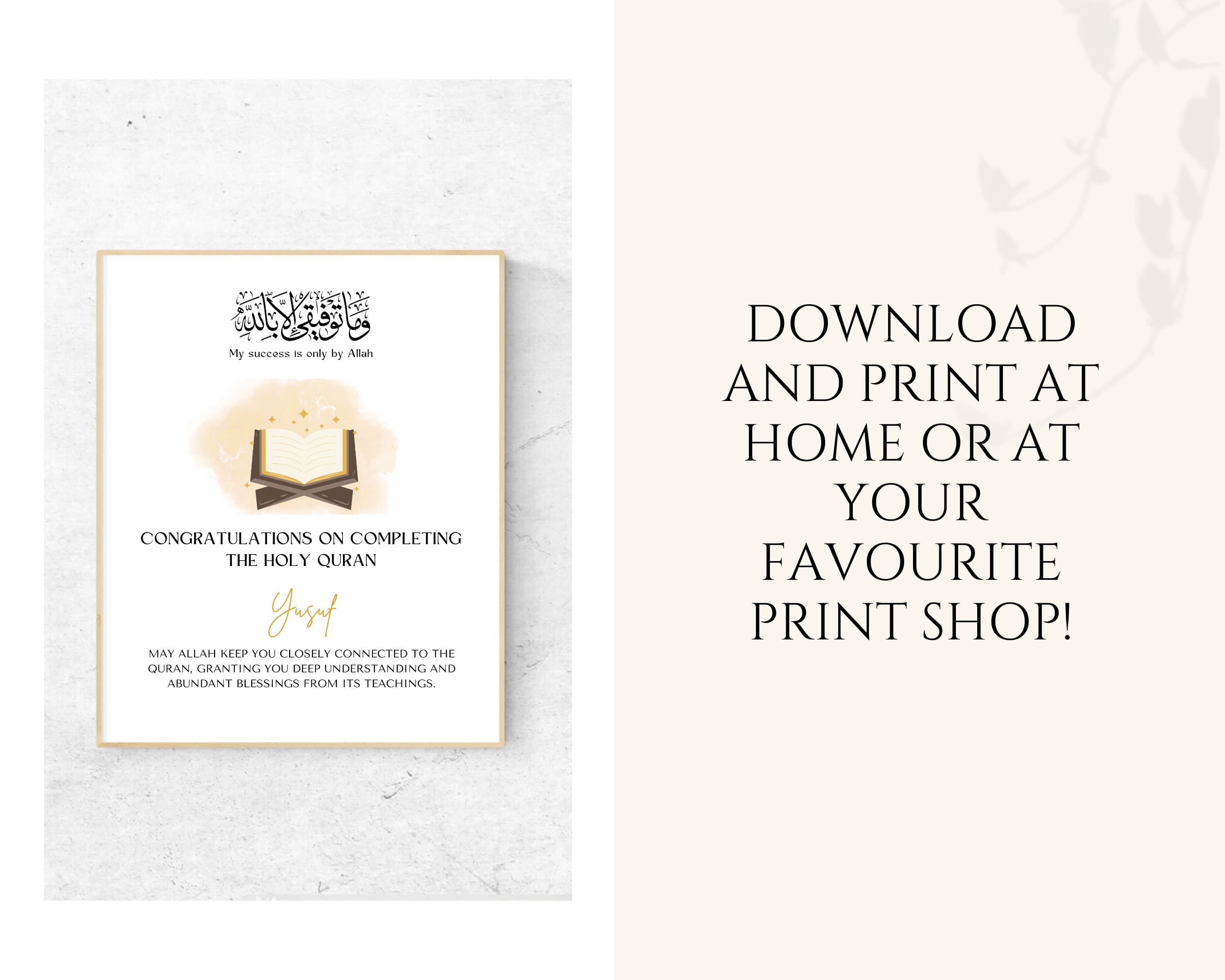 Celebrate achievement in completing the Quran with this beautifully designed personalised print. Perfect gift for Muslim students. This digital download features elegant design and customizable fields for personalization.