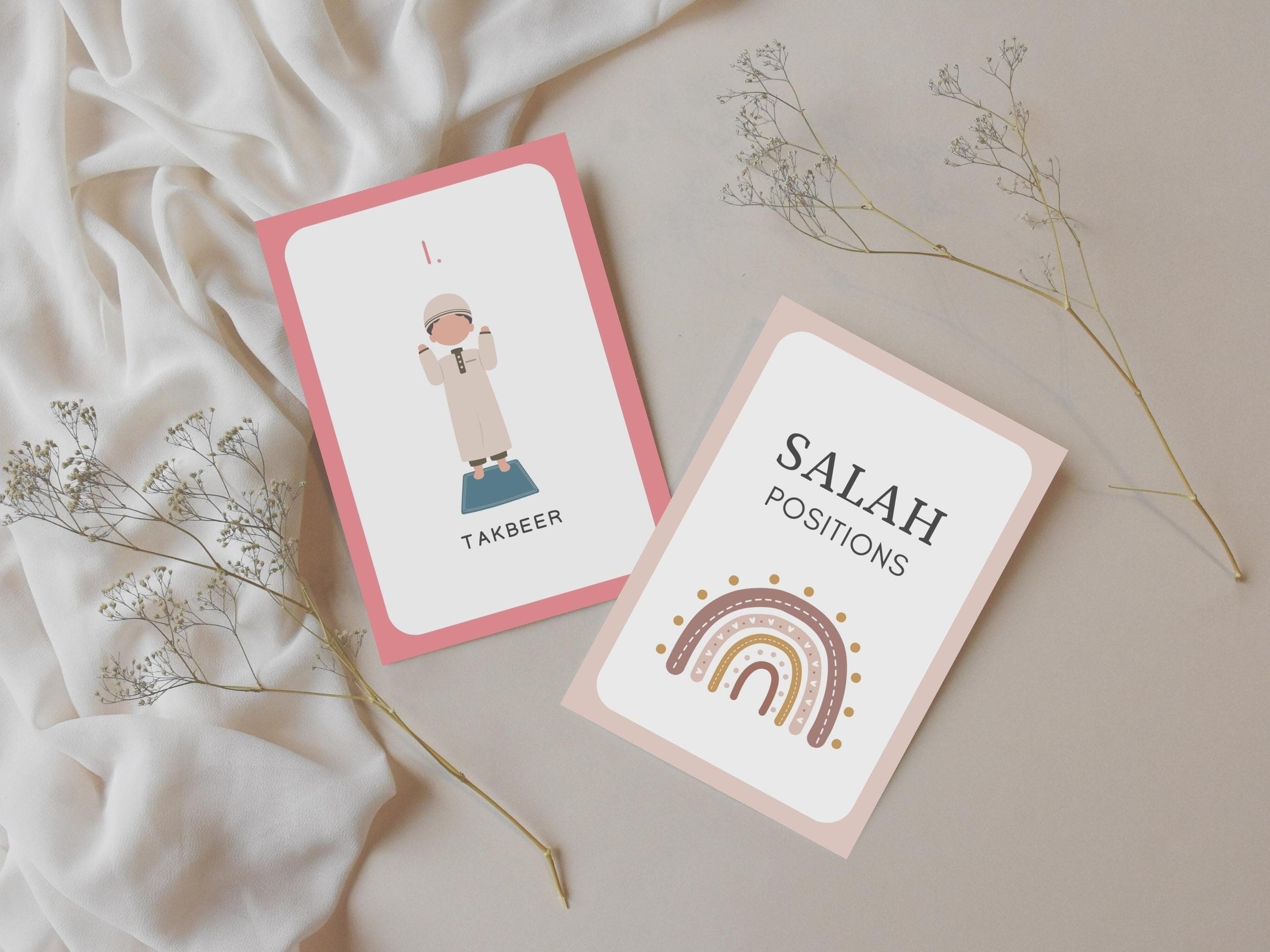 Teach your kids Salah steps with these Salah Positions Flashcards! This Islamic educational tool is designed to help children learn and understand the steps of prayer in a simple and engaging way.