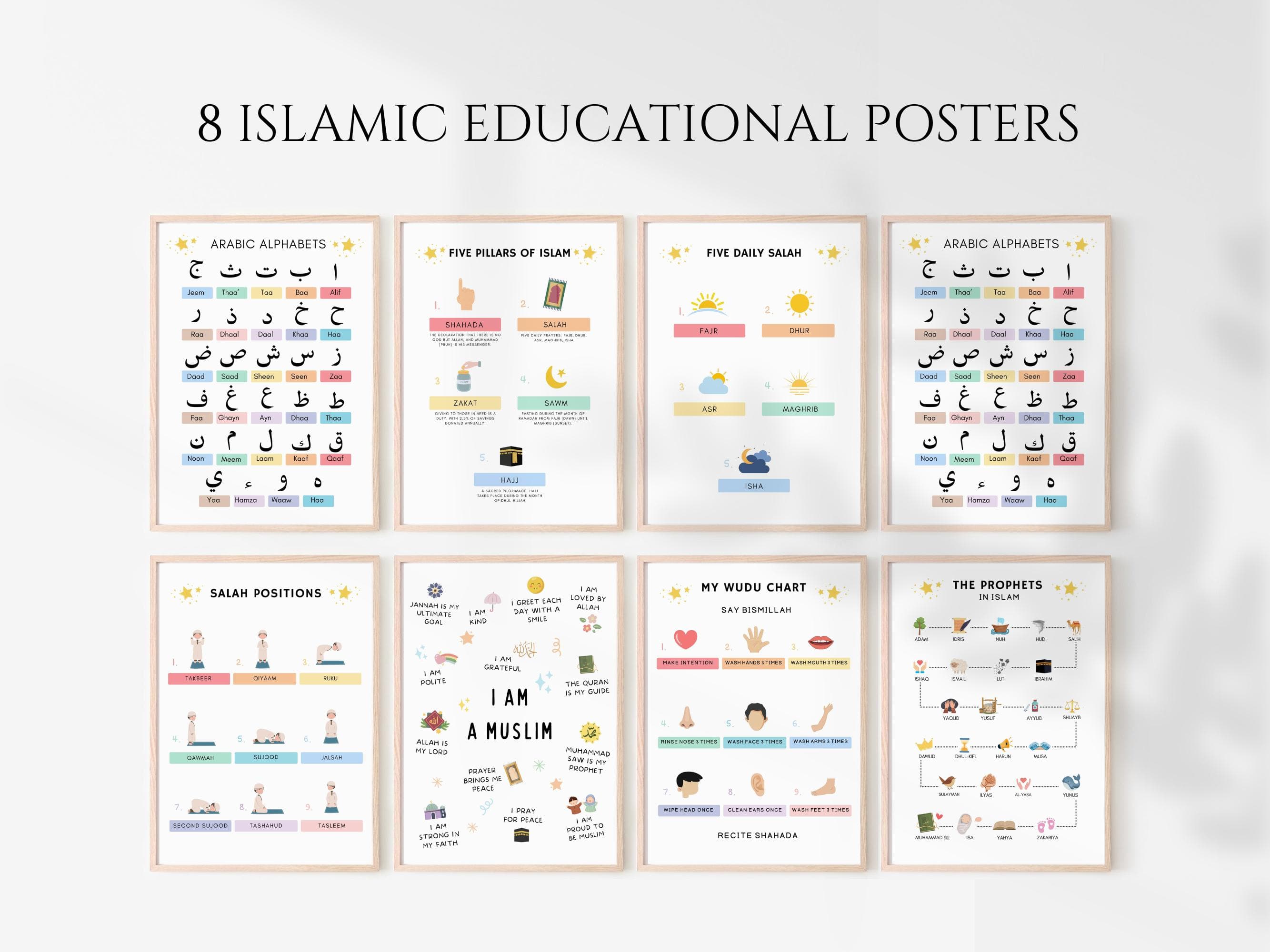 Islamic Educational Poster Bundle: Set of 8, Islamic Educational, Islamic Homeschool, Islamic Wall art, Muslim Posters, Muslim Kids Poster