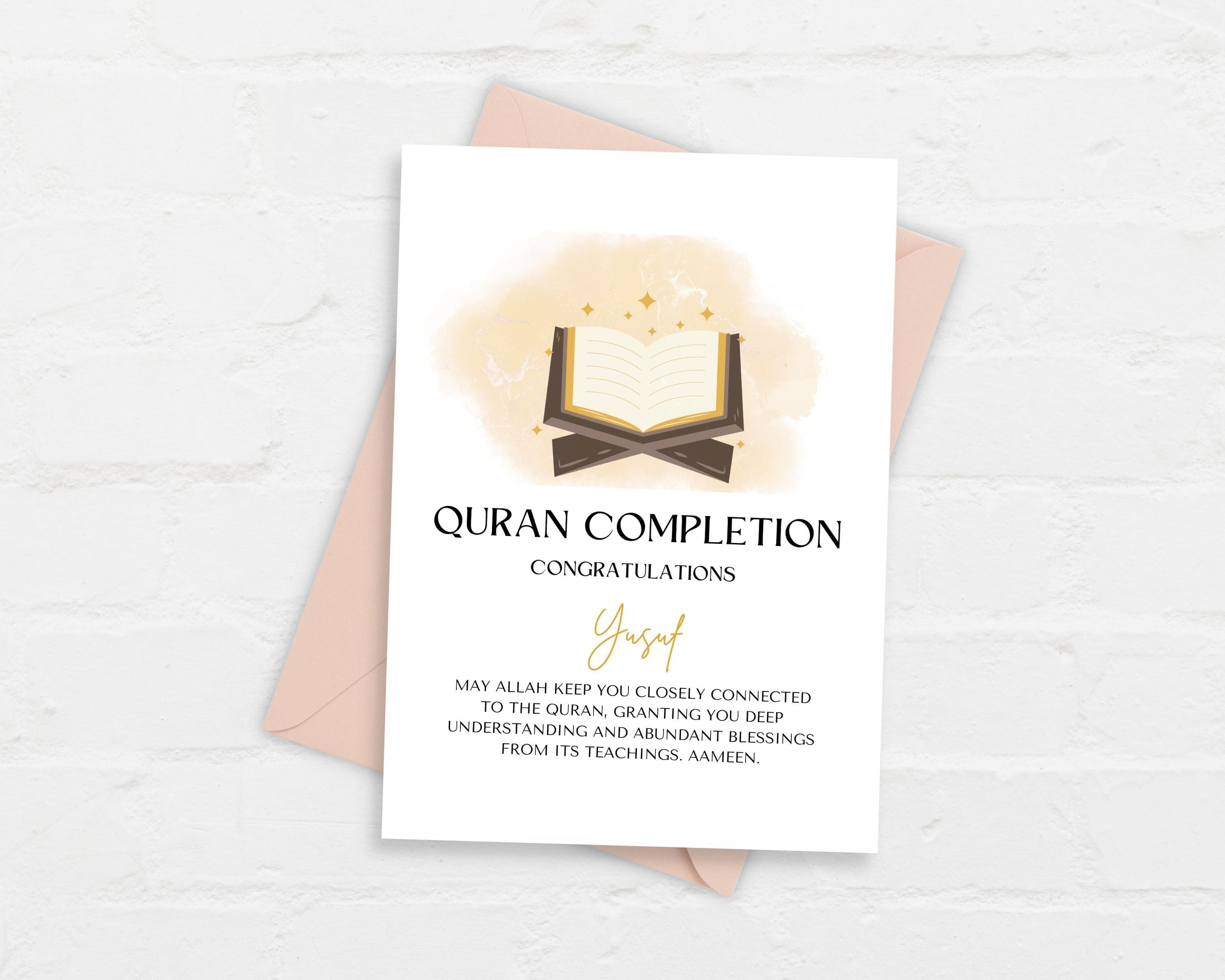 Celebrate the remarkable achievement of completing the Quran with this elegant Personalised Quran Completion Card. This beautifully designed card is perfect for congratulating someone on their Khatam Al-Quran, marking a significant Islamic milestone.
