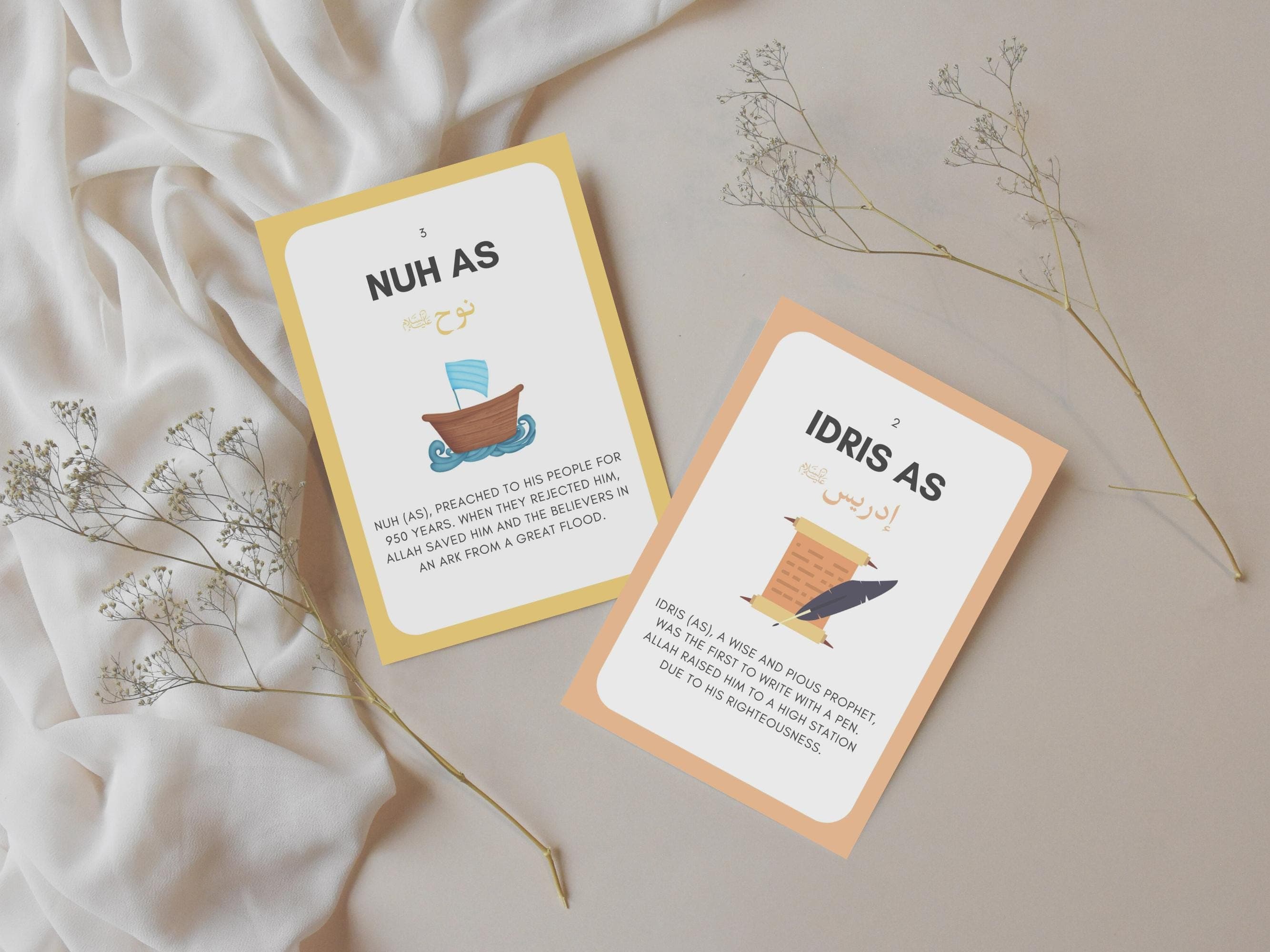 Make learning about the Prophets engaging with these Islamic Prophets Flashcards! These flashcards are a valuable Islamic educational tool to help children memorize and recognize the names and stories of the Prophets mentioned in the Quran.