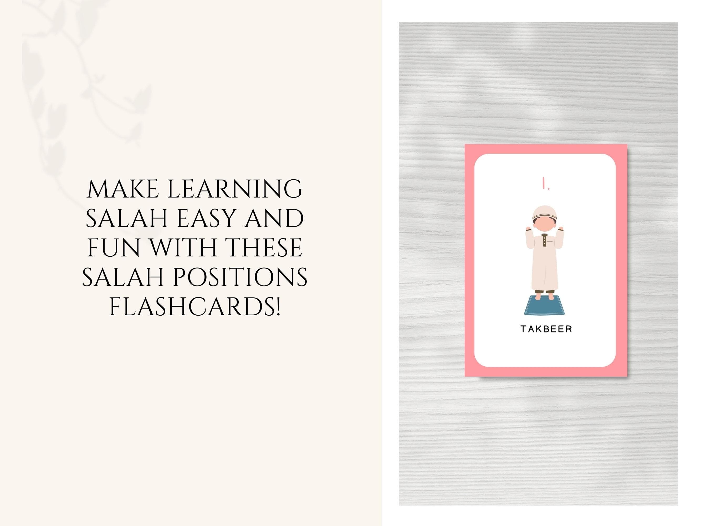 Teach your kids Salah steps with these Salah Positions Flashcards! This Islamic educational tool is designed to help children learn and understand the steps of prayer in a simple and engaging way.