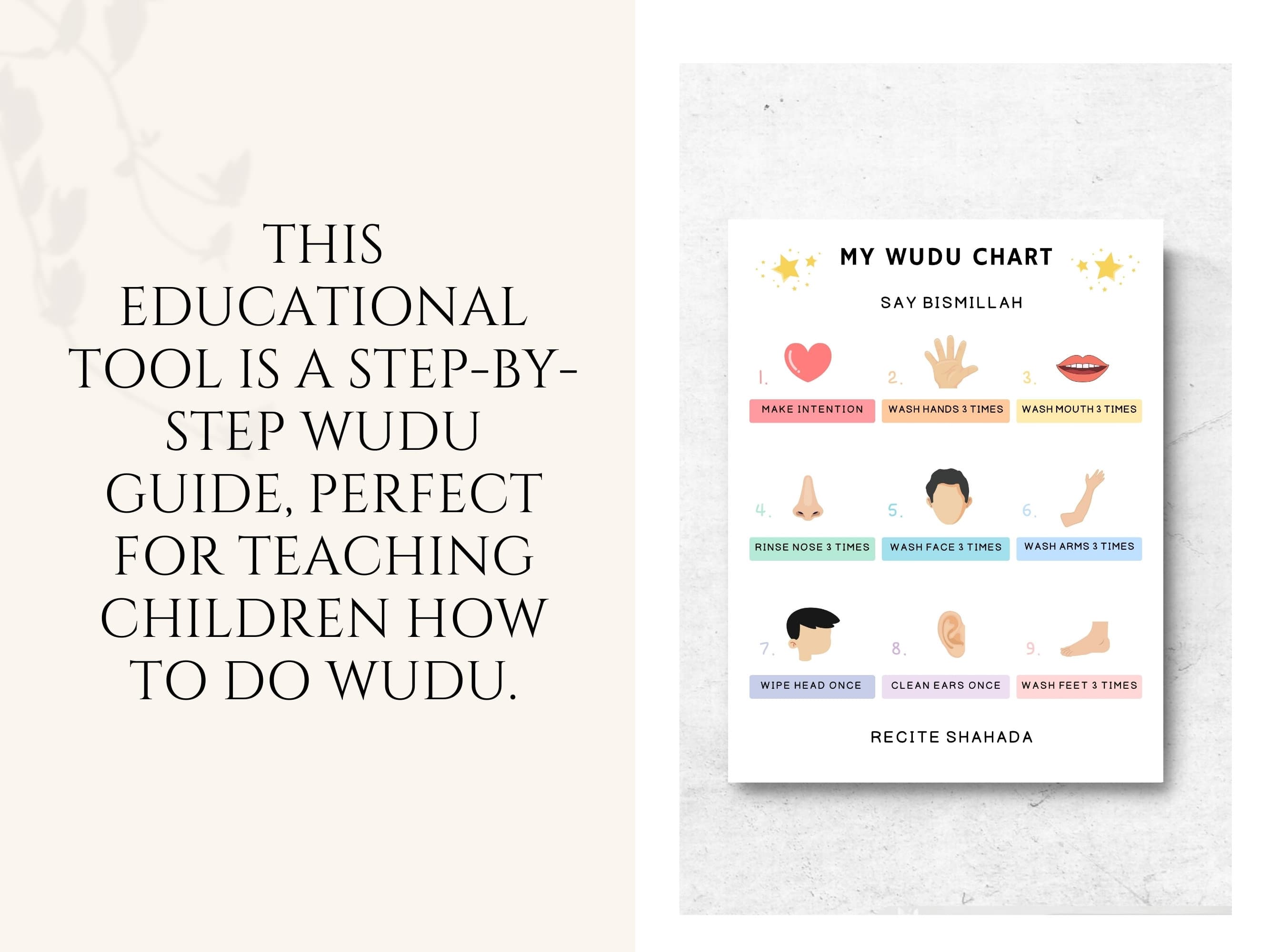 This wudu chart printable is educational tool serves as a step-by-step wudu guide, perfect for teaching children, beginners, or anyone looking to refine their ablution process.