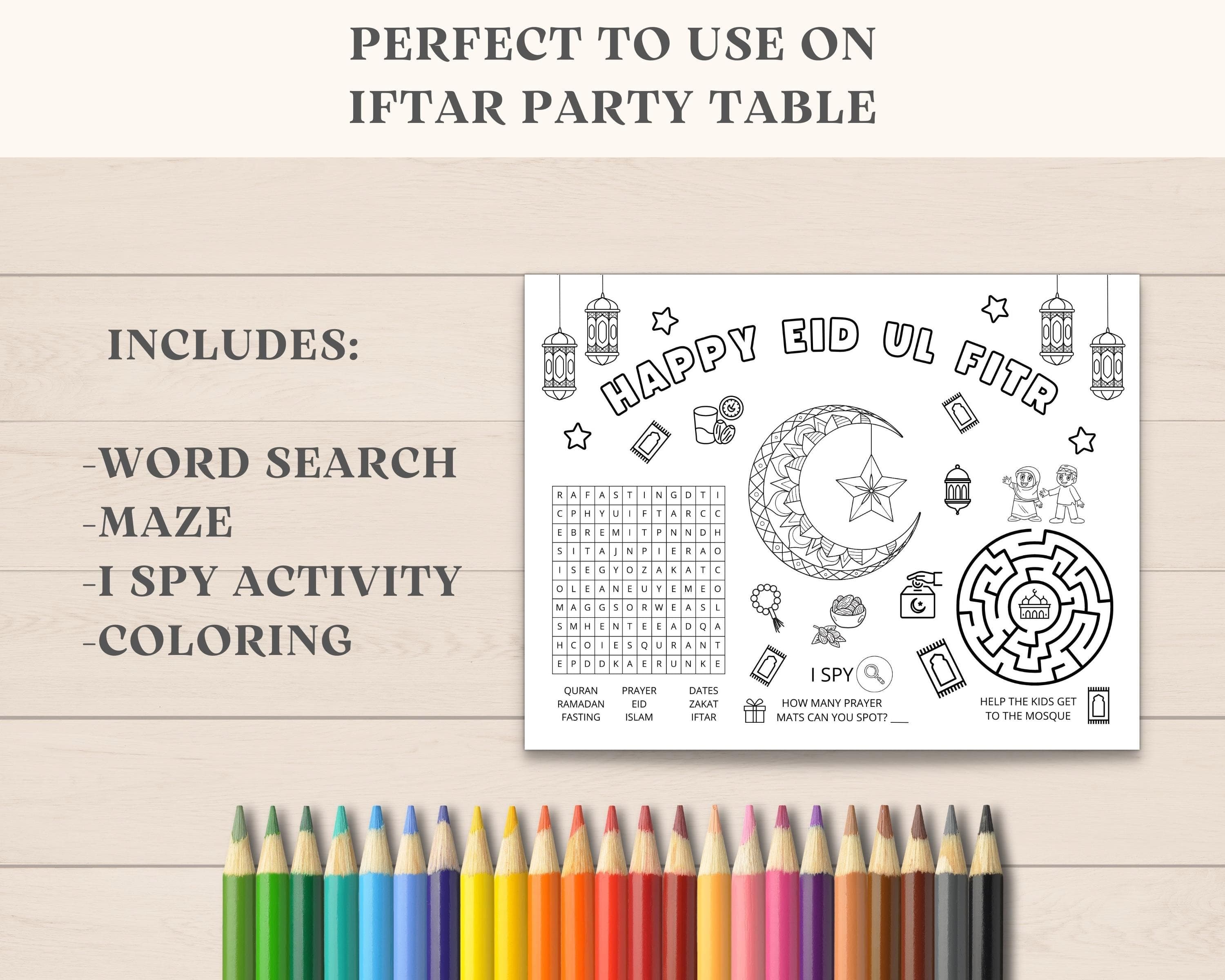This Eid ul Fitr Activity Placemat is a perfect kids eid activity to keep engaged on Eid Party. The PDF has fun Eid games and coloring. Print as many as you like.